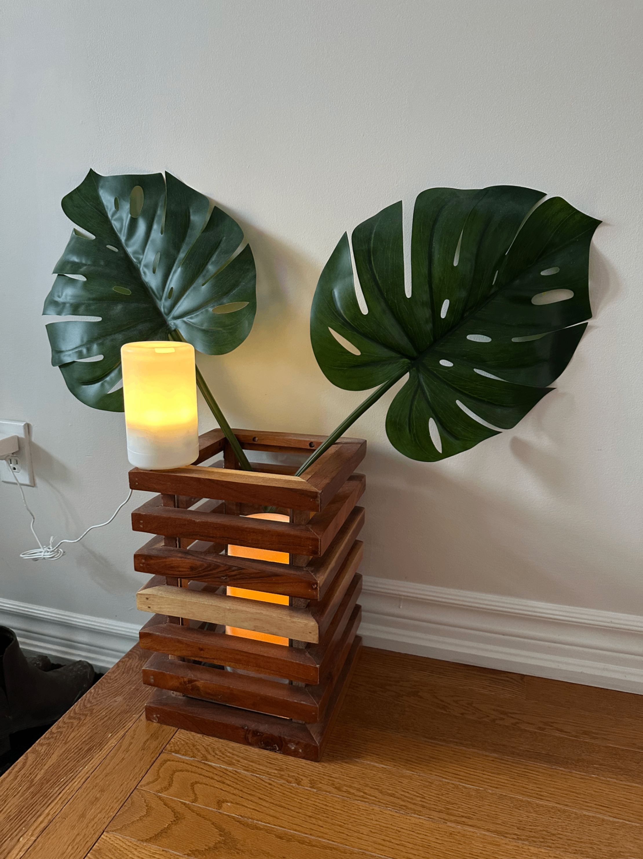 Crate & Barrel flameless candle + wooden holder, IKEA leaves - photo 2