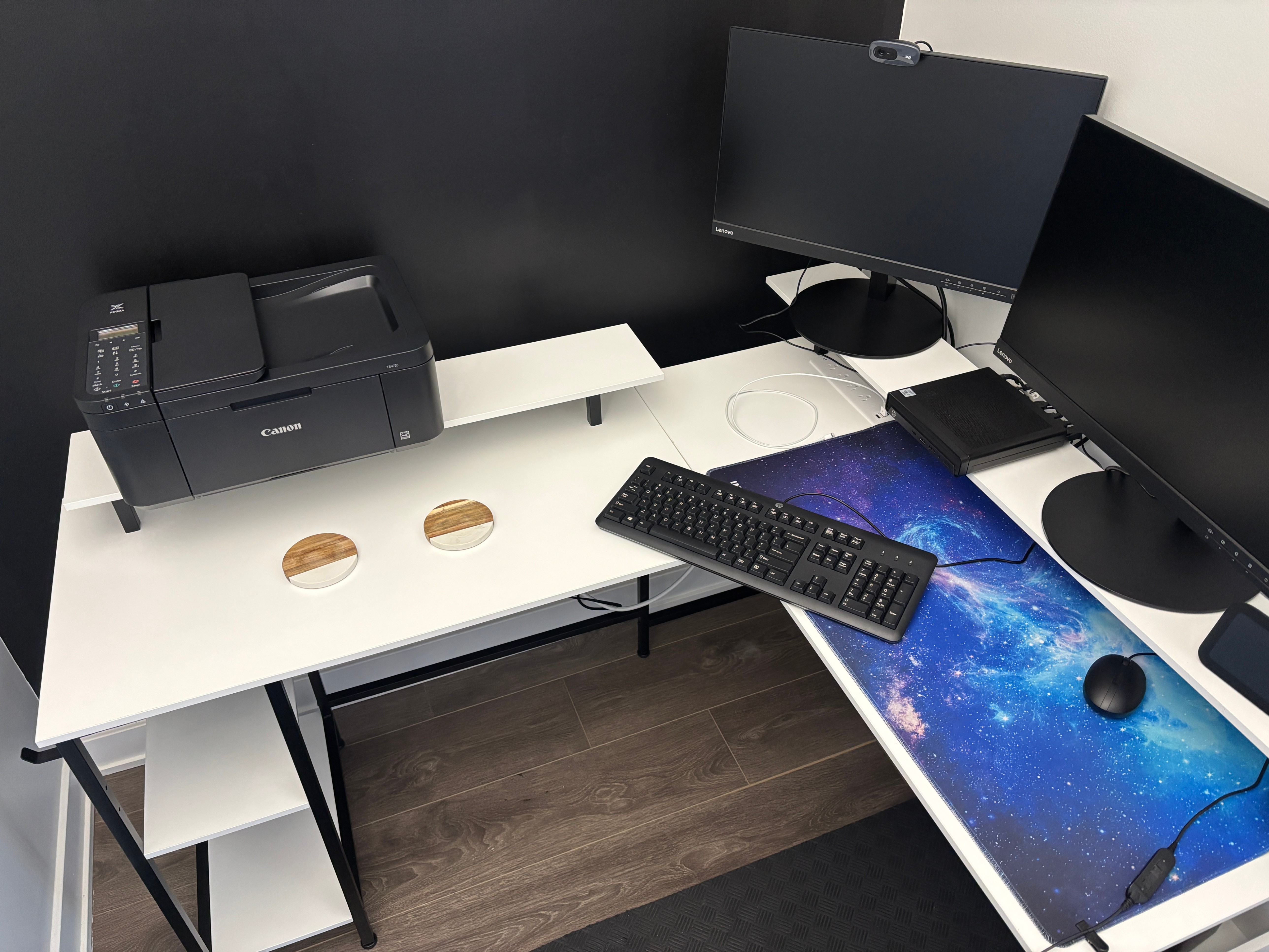 L-Shaped Desk – White & Black Metal Frame