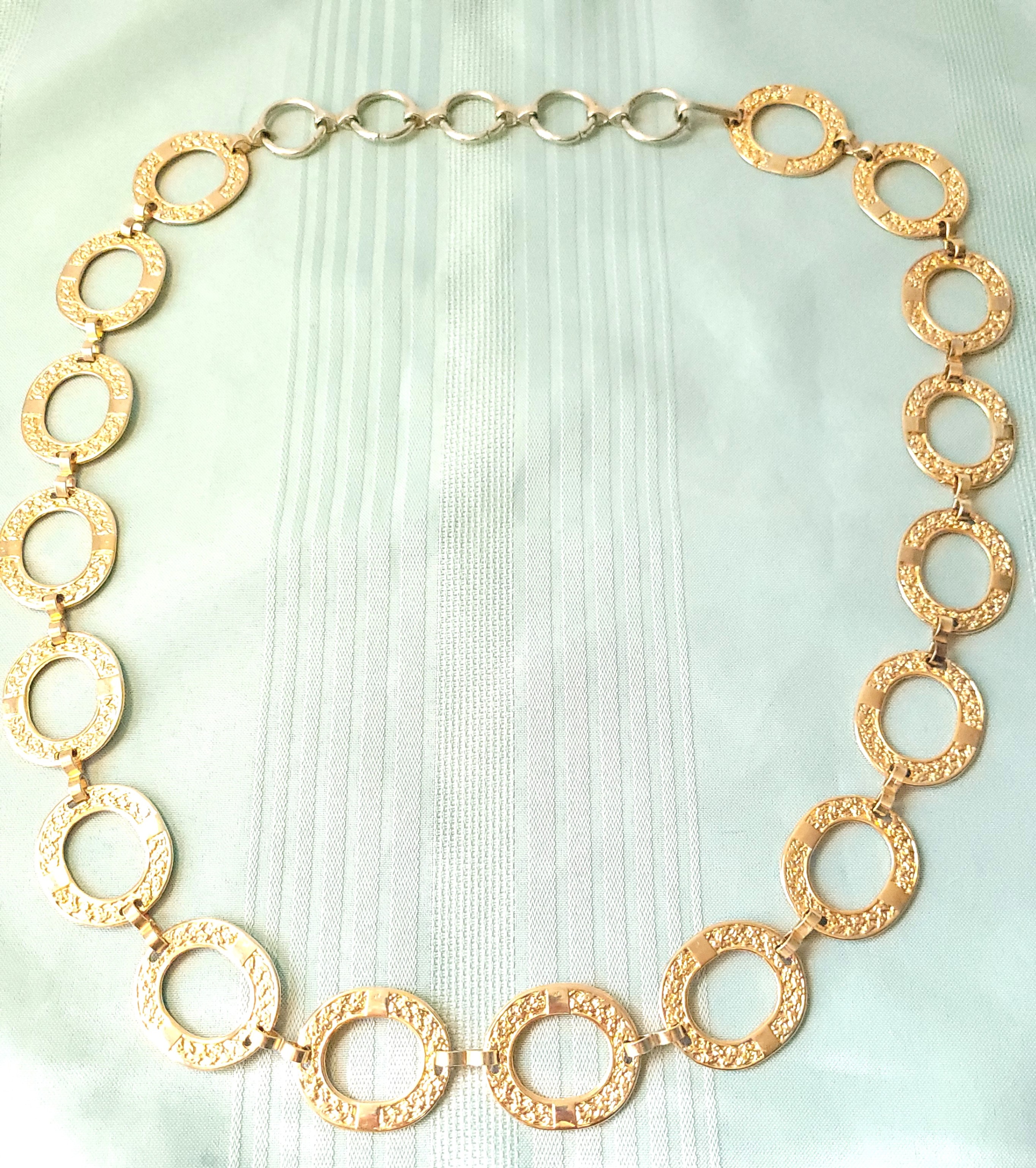 80s Textured Gold Tone Circle Link Chain Belt Adjustable 38.5" - photo 2