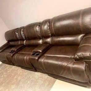 Brown Leather Reclining 3-Seat Sofa with Consoles - photo 2