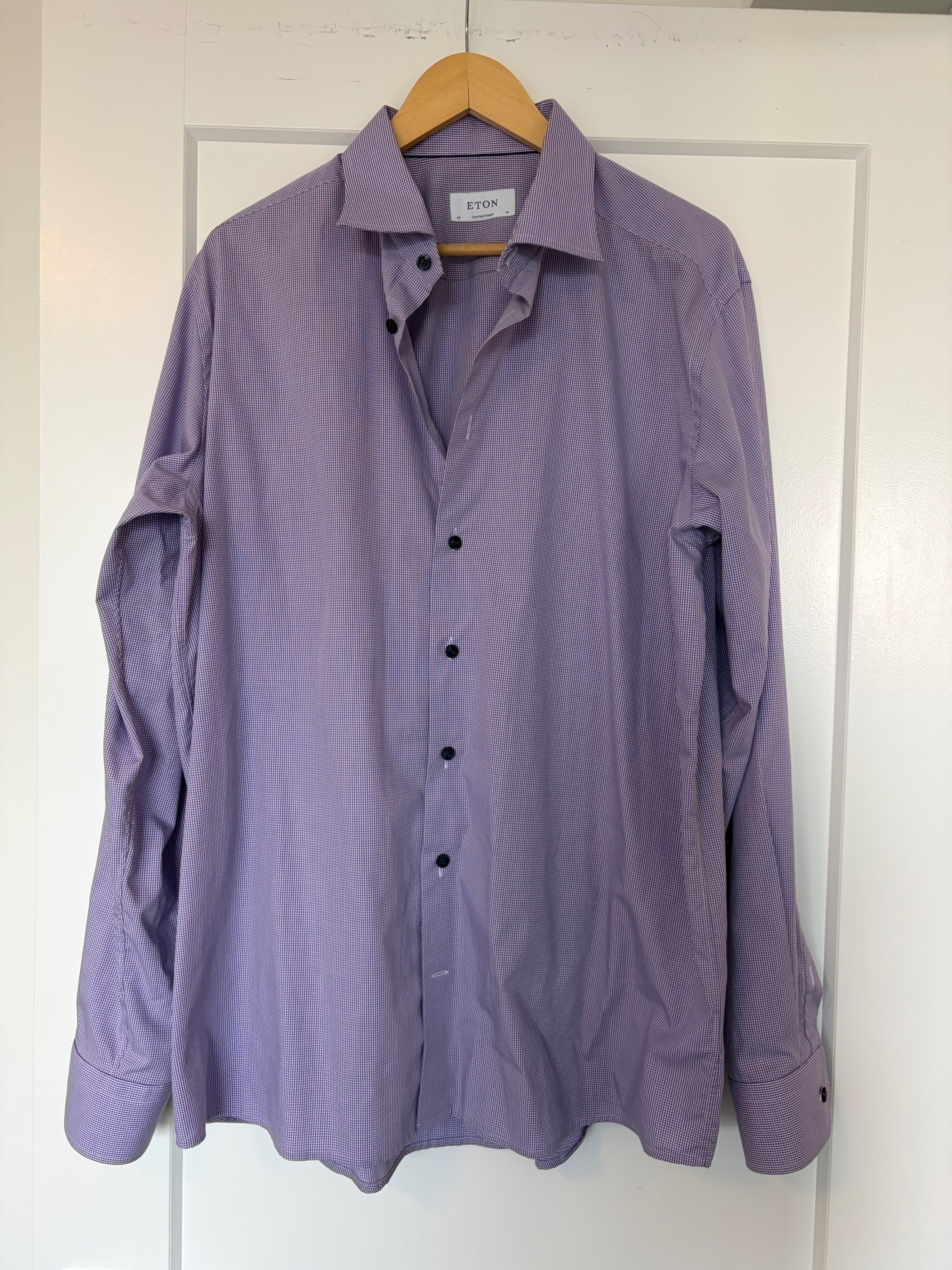 Eton Dress Shirt Size 46/18 Purple & White Micro Check