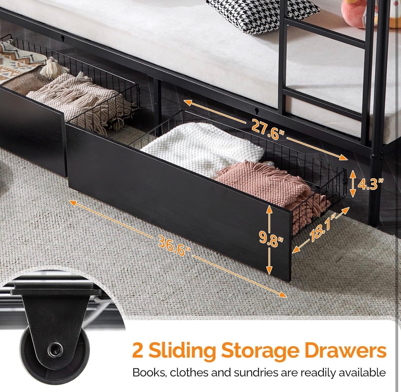 Bunk Bed Twin USB charging 2 Storage Drawers Safety Guardrail - photo 3