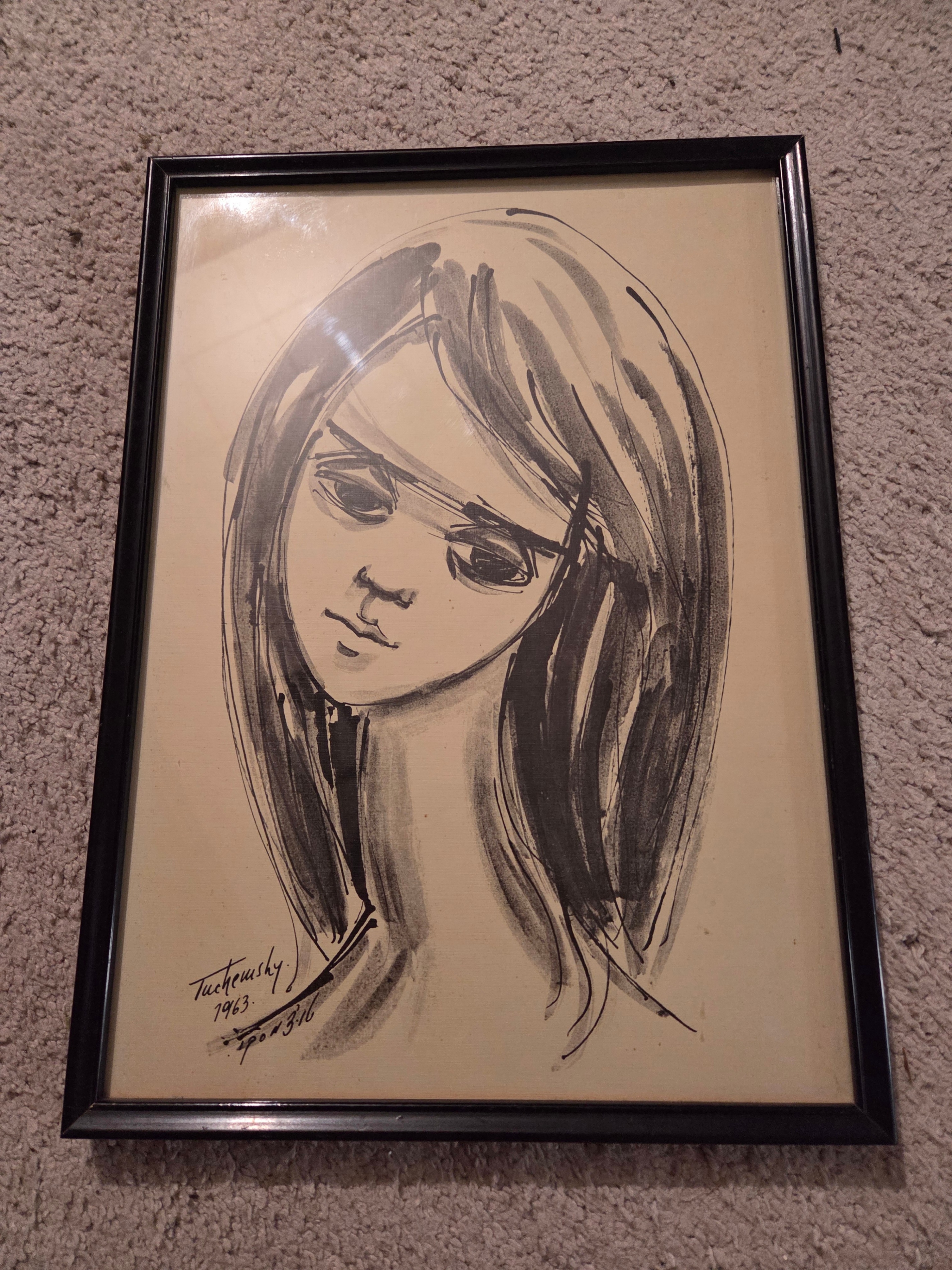 Vintage MCM Moshe Tuchemsky 1963 Signed Ink Portrait Art 10x13"