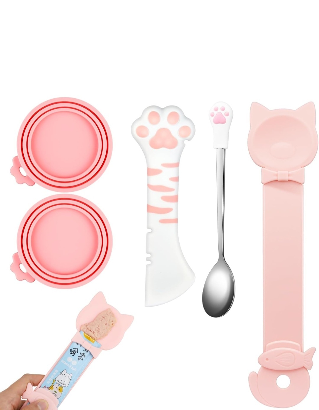 Cute Cat Food Can Lid & Spoon Set for Cats and Dogs (Pink)