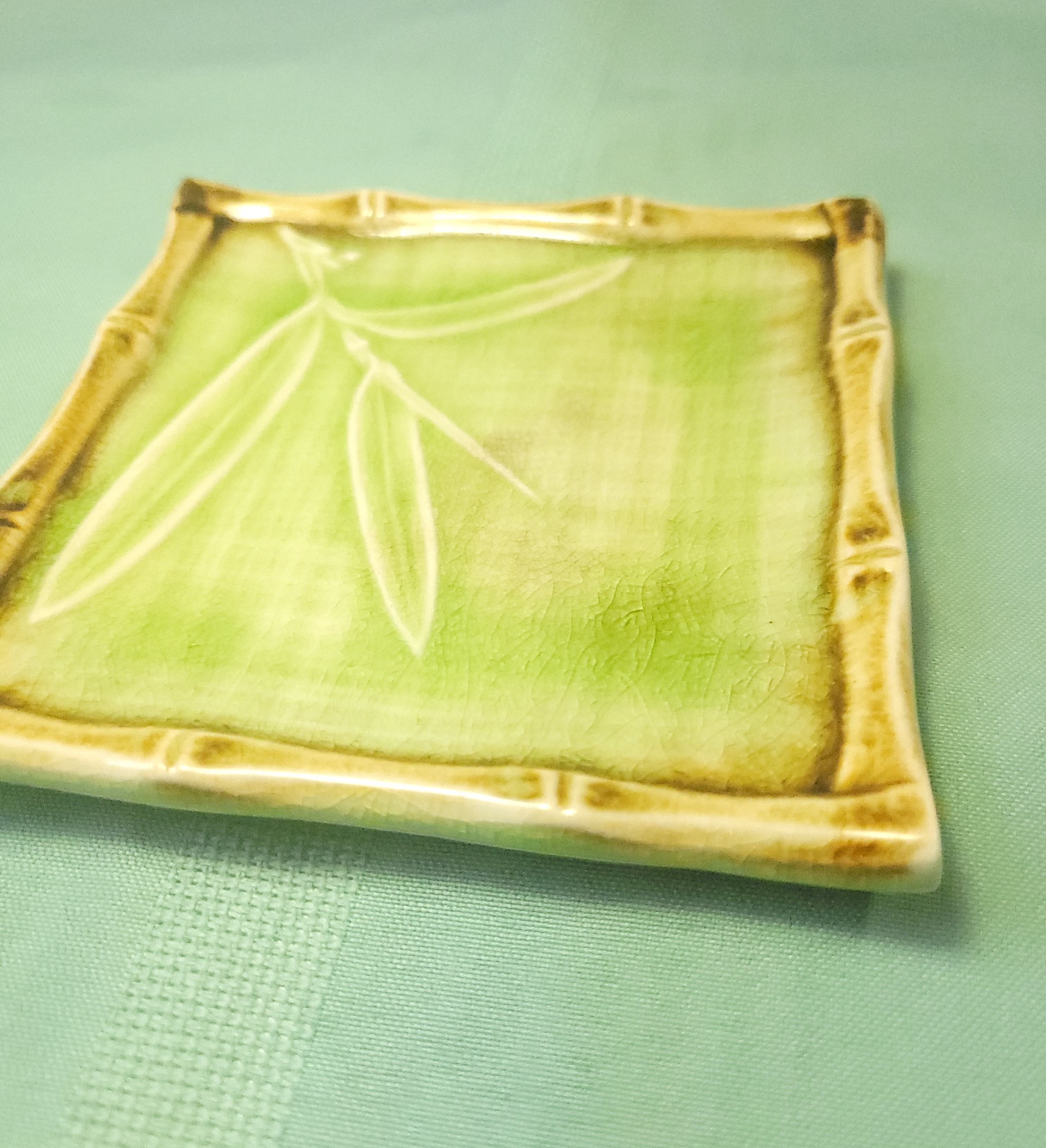 1970s Japan Celadon Green Ceramic Square Faux Bamboo Dish - photo 3