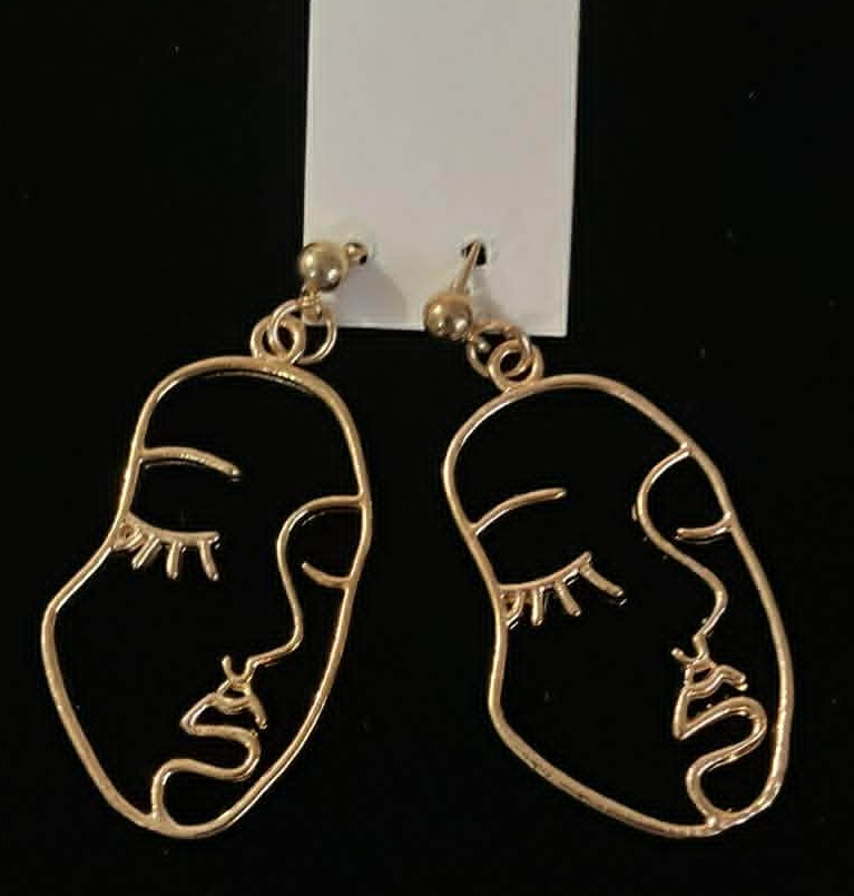 Abstract Face Gold Costume Dangle Earrings (New)