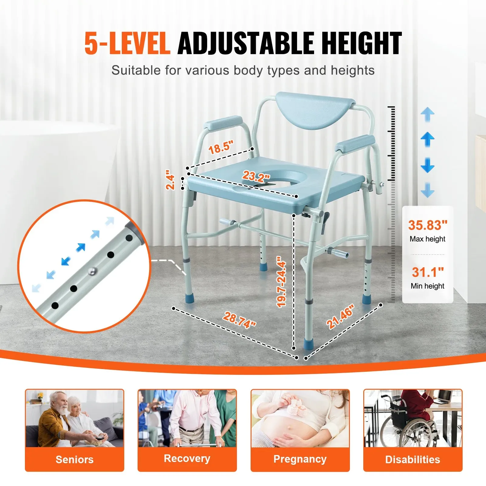 VEVOR Commode Chair, Bedside Commode with Drop-Down Arms and Det - photo 3
