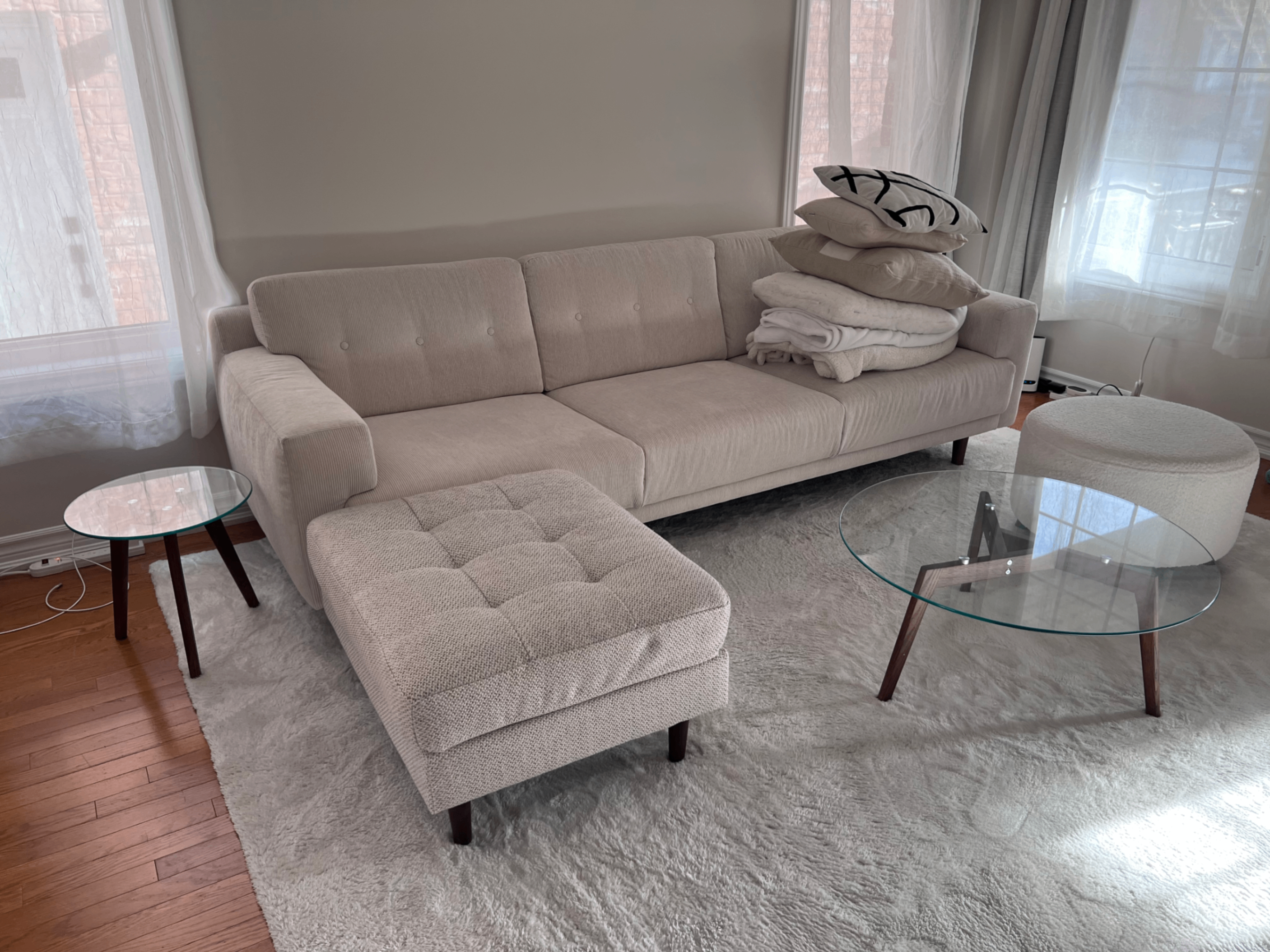 Structube Grey Ottoman with Walnut legs