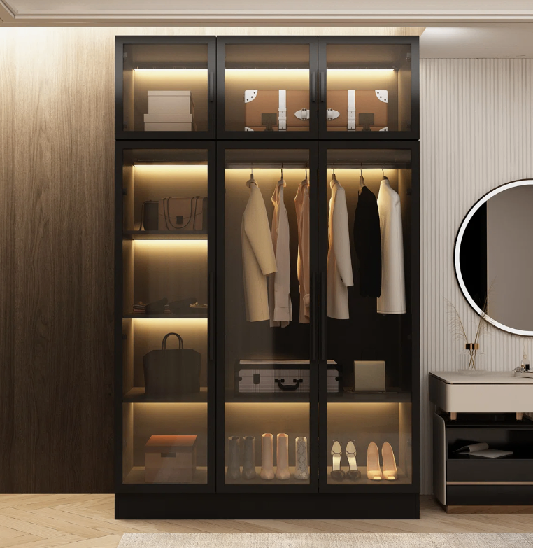 Black Wardrobe with Glass Doors and LED Lighting - New in box