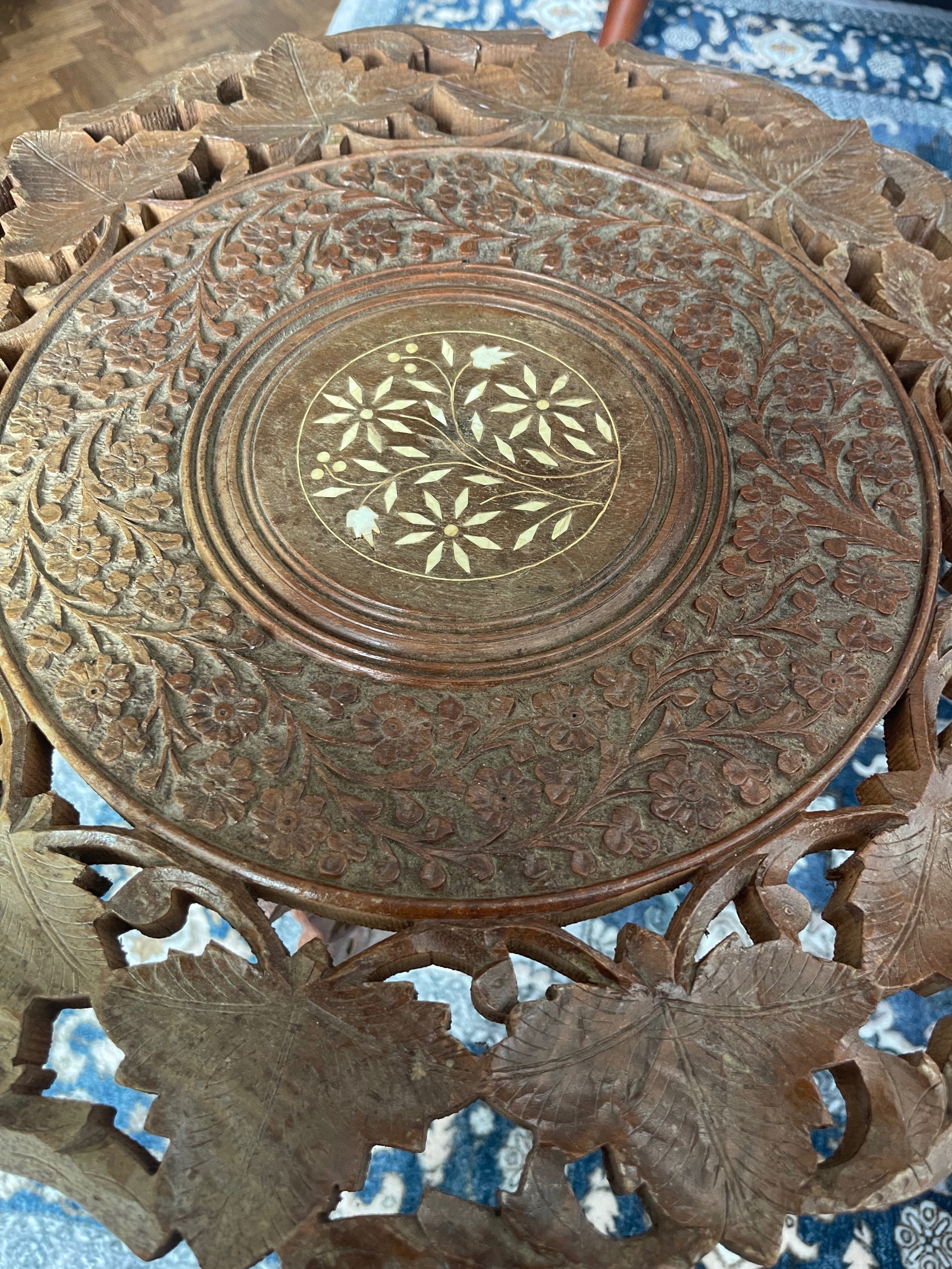 Antique Burmese Carved Octagonal Folding Side Table