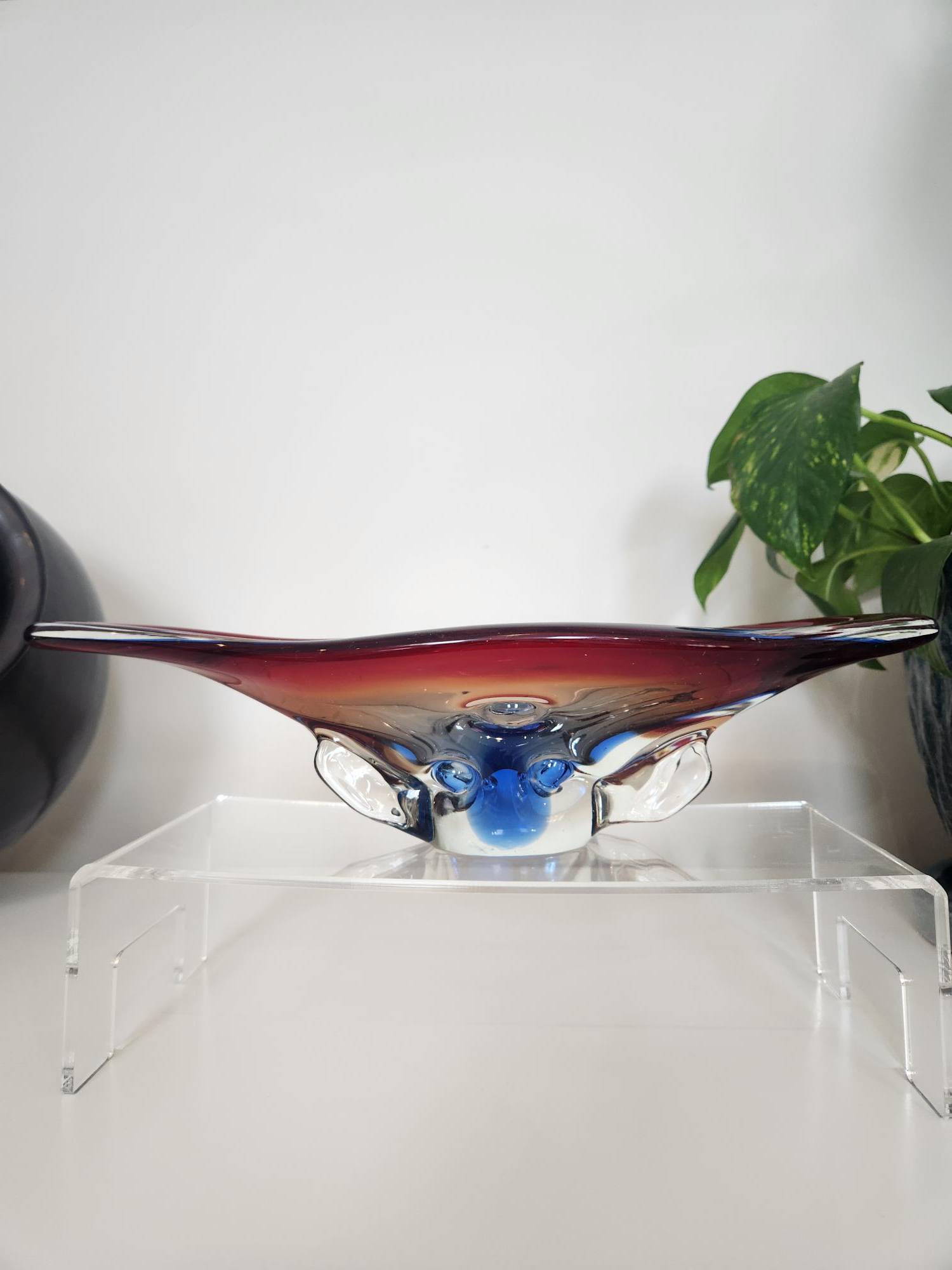 Stunning Red & Blue MCM Art Glass, Oblong Centerpiece / Dish