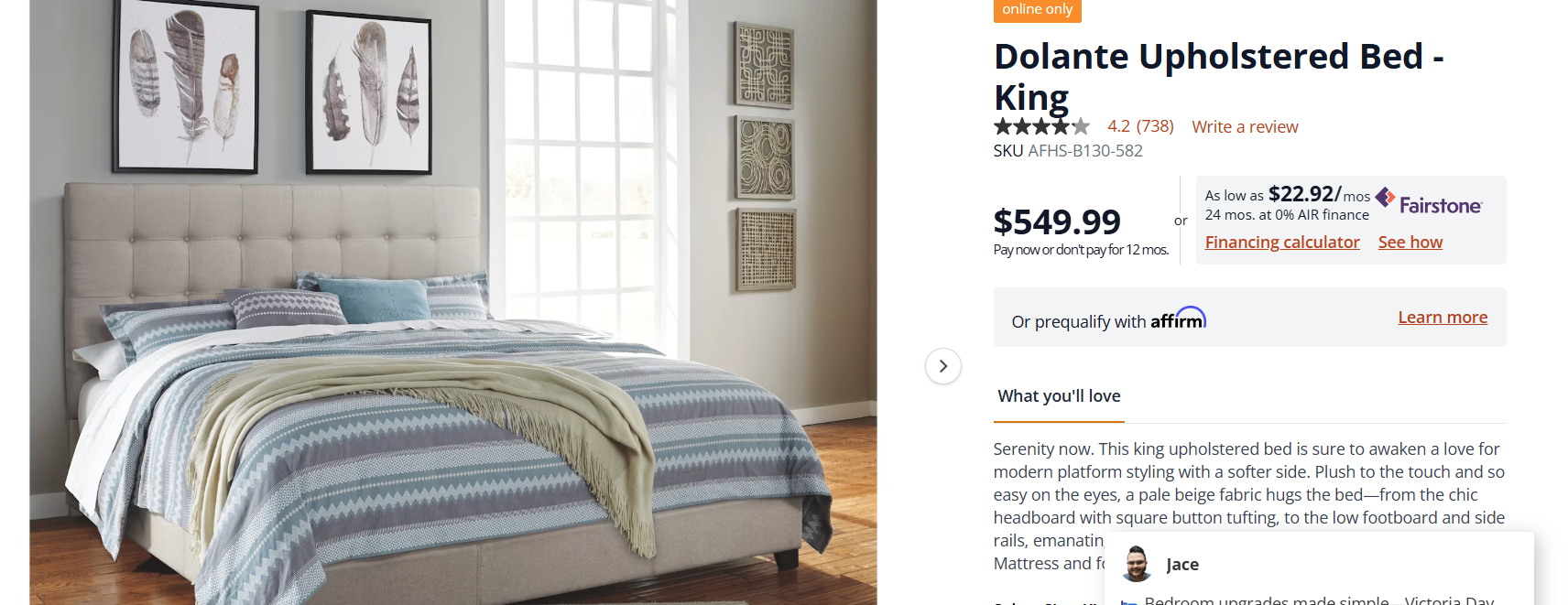 King Sized Upholestered Bed with Adjustable Bed Frame - Beige