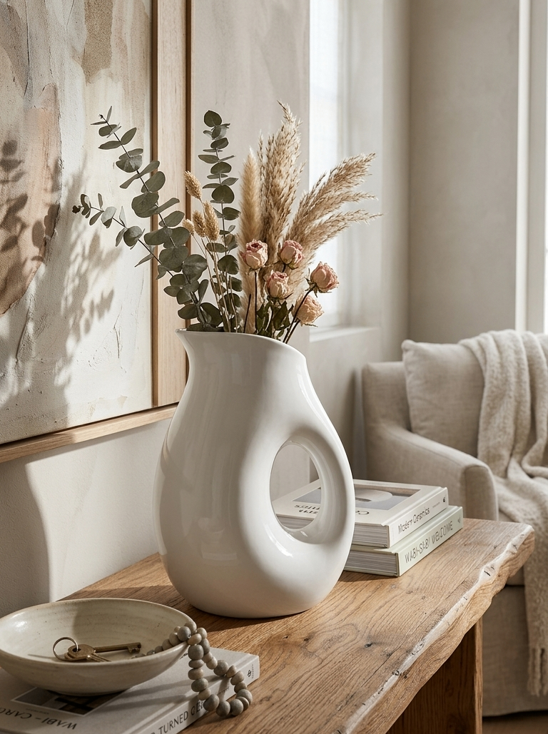 White Ceramic Pitcher Vase with Handle