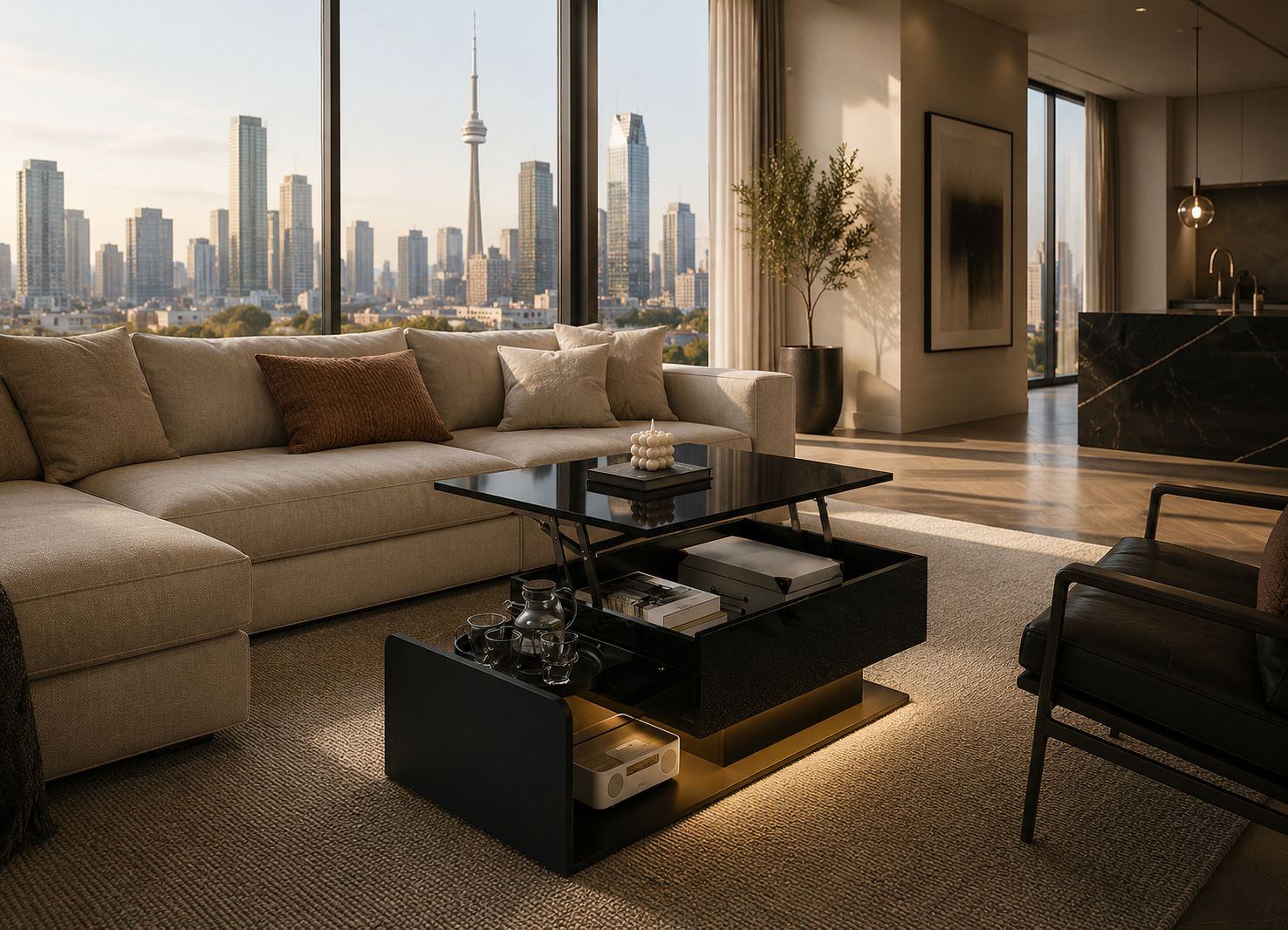 Modern Black LED Lift-Top Coffee Table with Storage