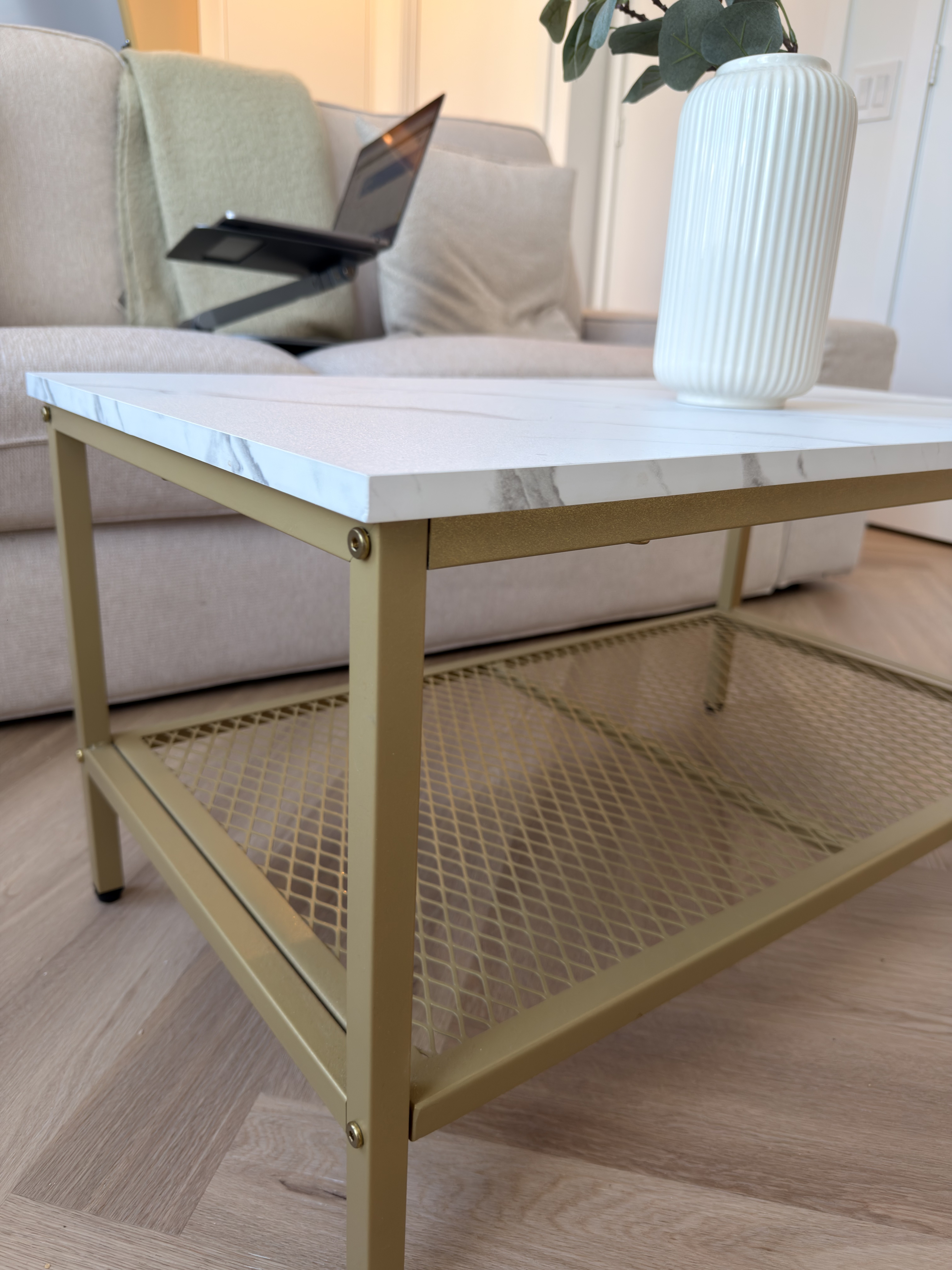 Modern White Faux Marble Coffee/Centre Table with Gold Frame - photo 4