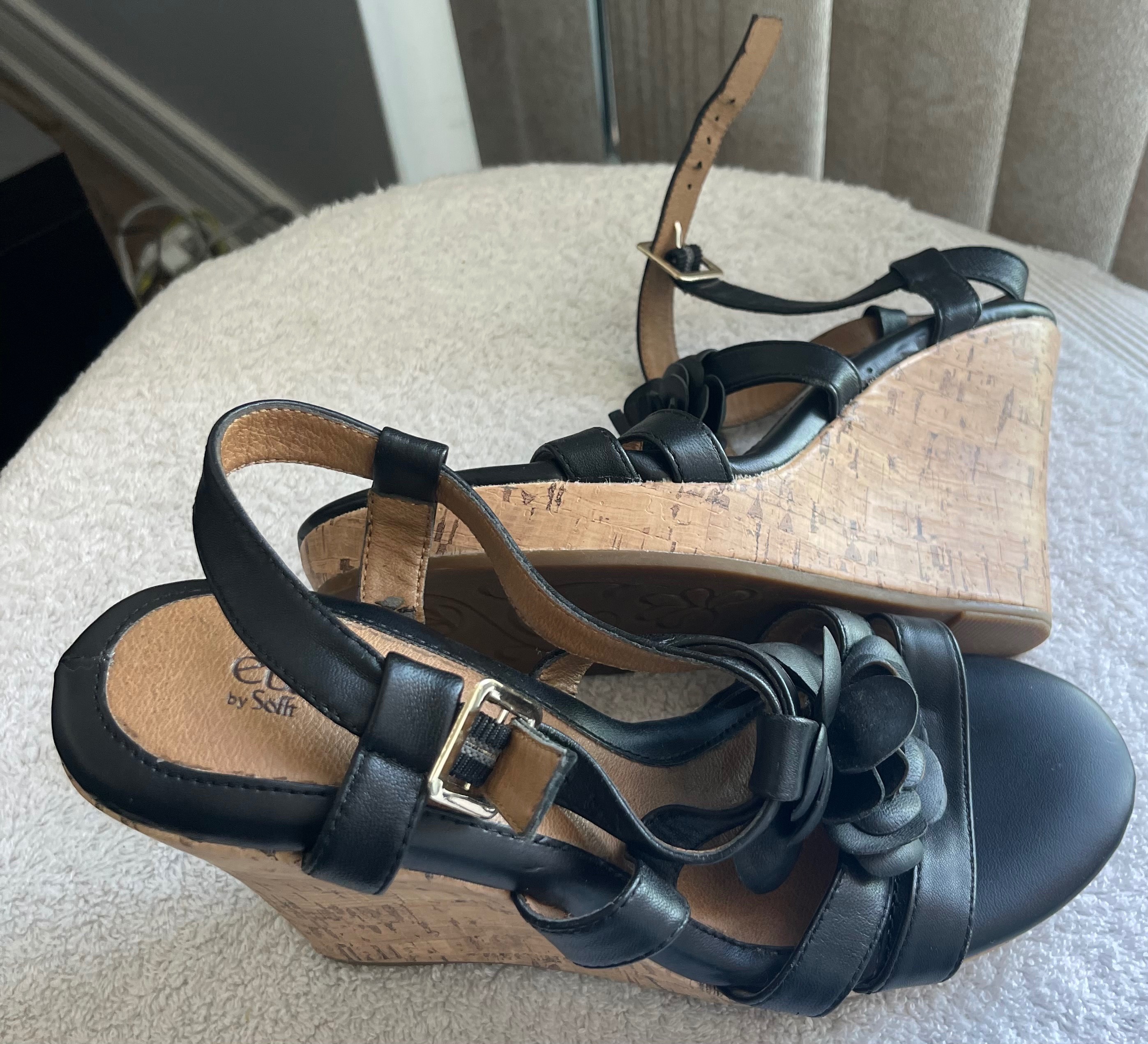 Eurosoft Black Leather Cork Wedges - Size 8 - photo 3