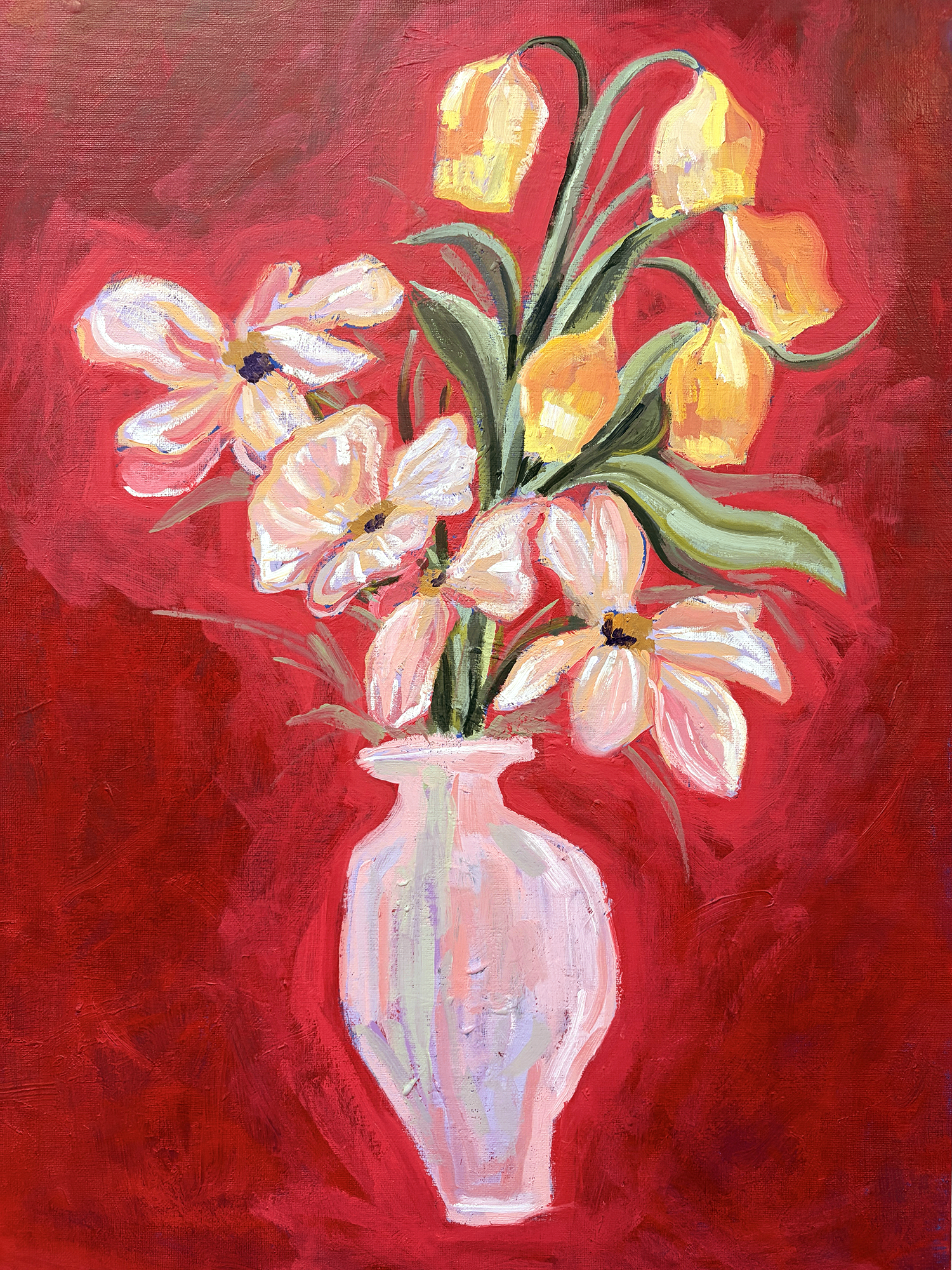 Still Life in Red / Flower Vase Original Oil Painting