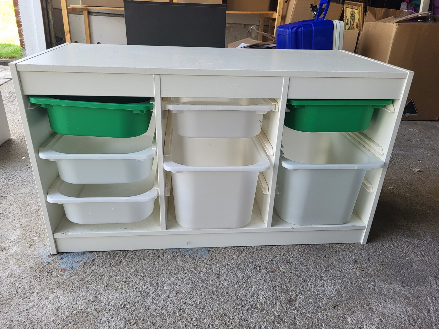 children's storage unit with 8 plastic bins