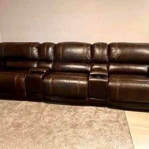 Brown Leather Reclining 3-Seat Sofa with Consoles