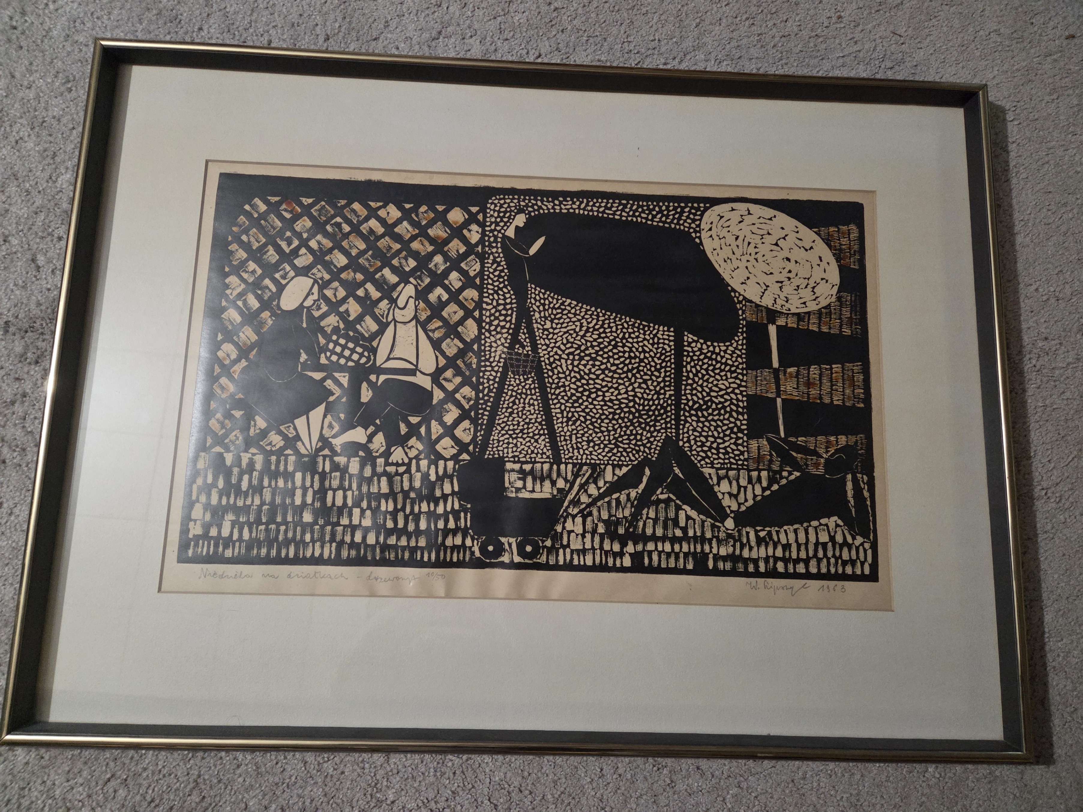 Lev Simak Original 1950 Czech Woodcut Signed Print, MCM 26x19