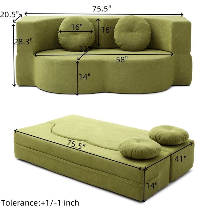 Green Convertible Sofa Bed with Two Pillows