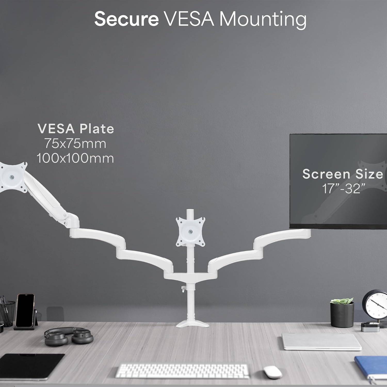 New VIVO White Triple Monitor Mount, 2 Pneumatic Arms + 1 Fixed - photo 4