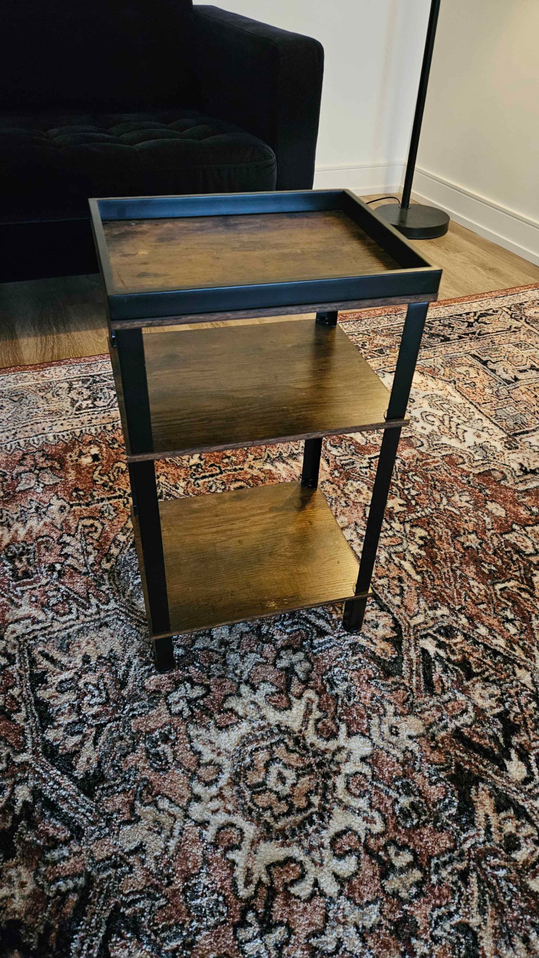 Bed-side Small Table - Dark Wood Black Metal