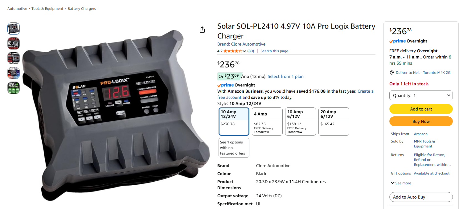 Solar SOL-PL2410 10A Pro Logix Battery Charger