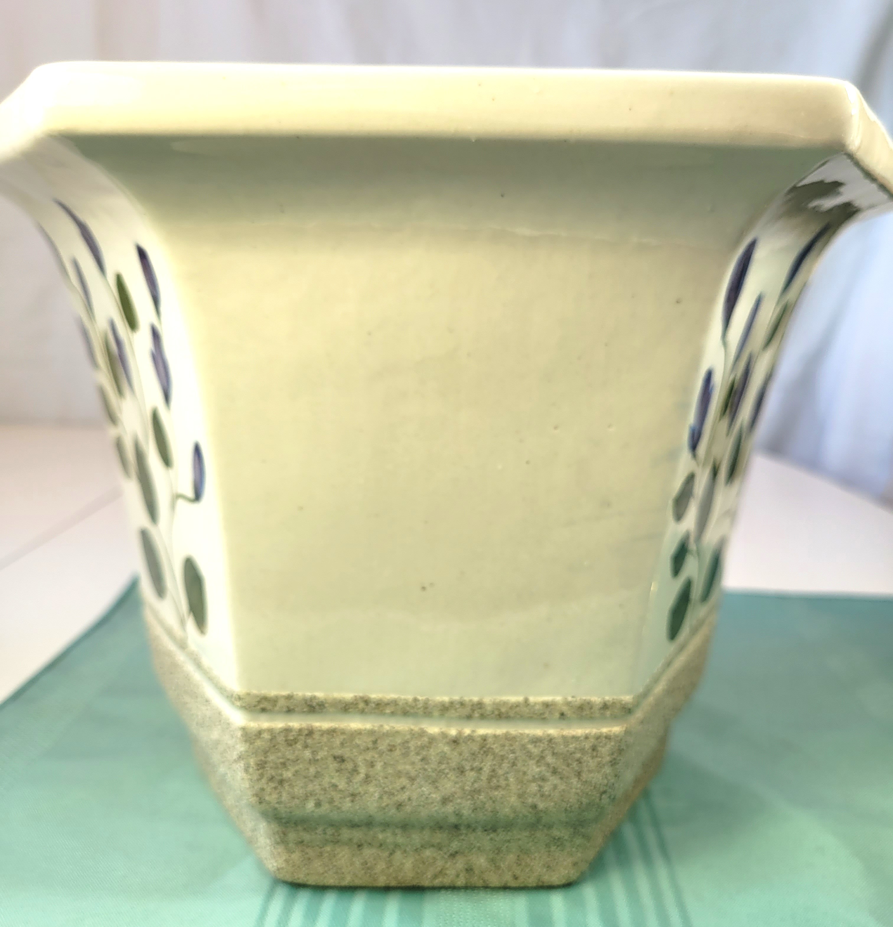 Large 11.5" Hexagonal Ceramic Planter Purple Floral 1980s Heavy - photo 4