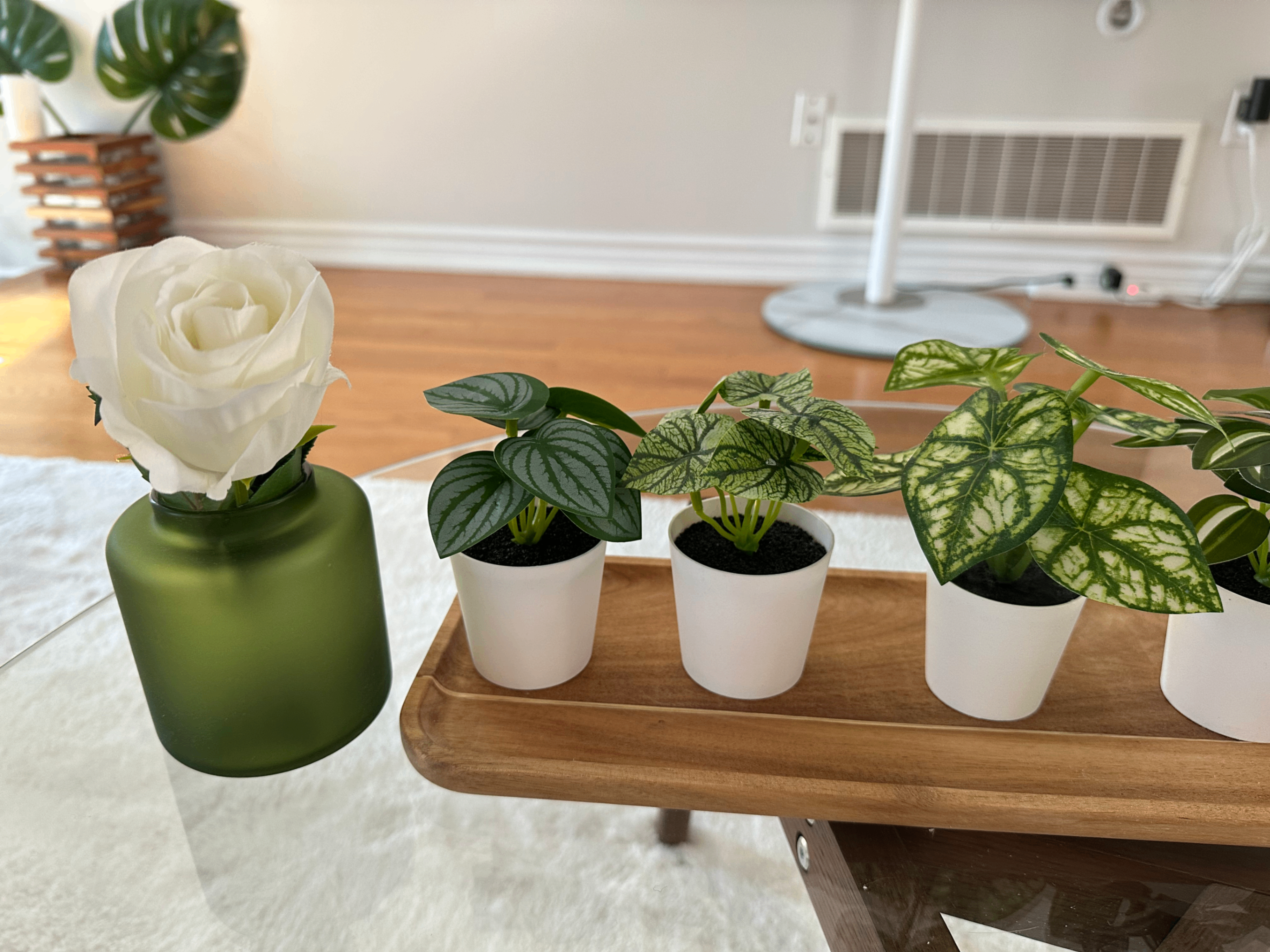 IKEA Home Decor Set: Artificial Plants, Glass Vase & Wooden Tray - photo 2