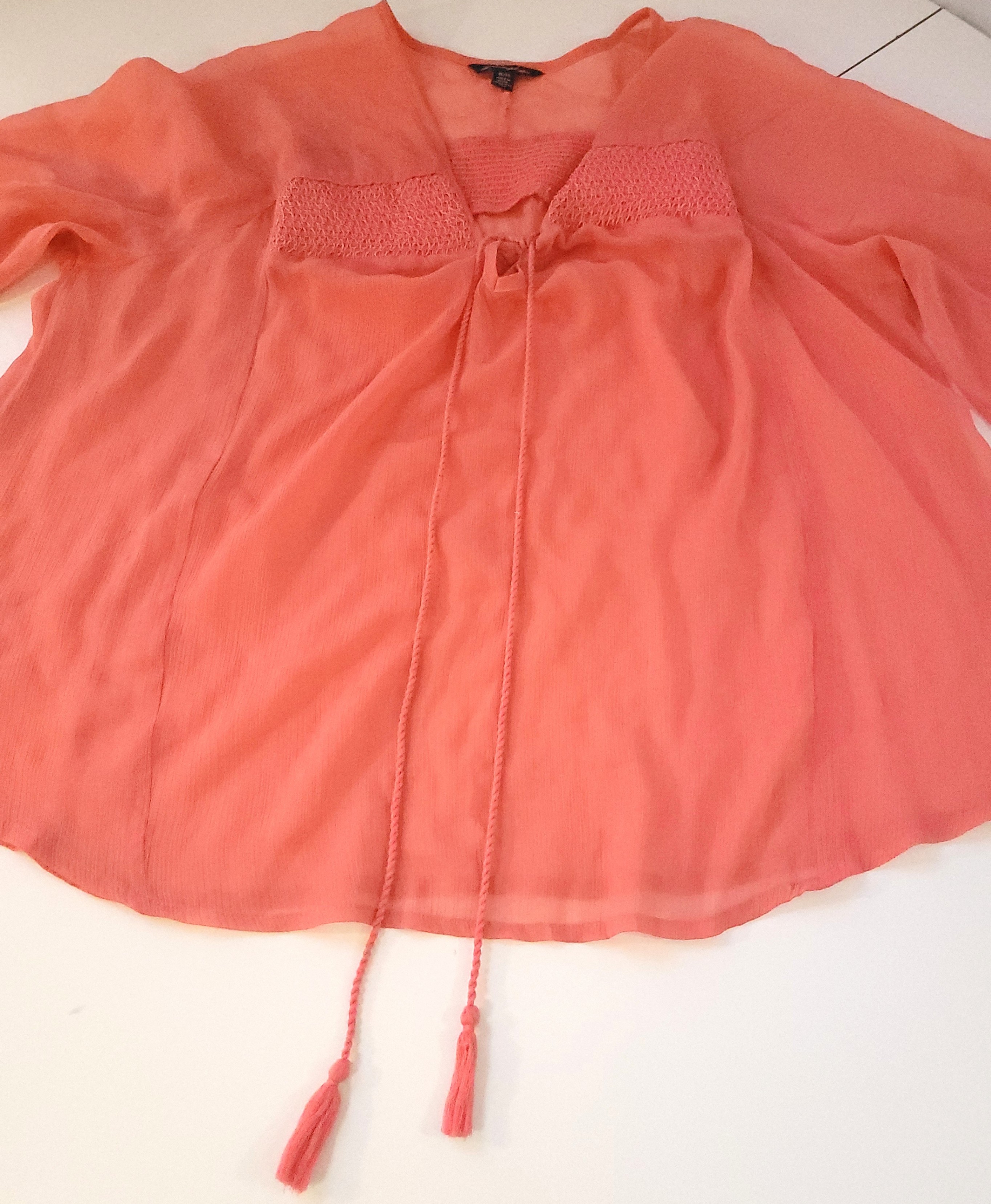 AMERICAN EAGLE Coral Pink Sheer Peasant Blouse XL Crochet Tassel - photo 4