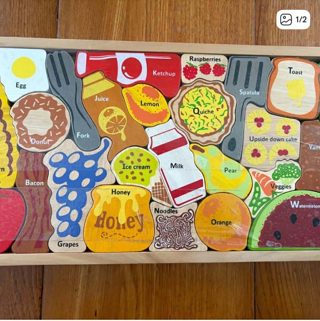 Wooden Food Puzzle Set with stove on back