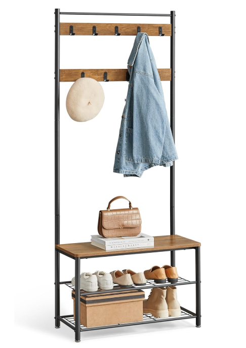 Walnut brown + metal coat rack with shoe storage