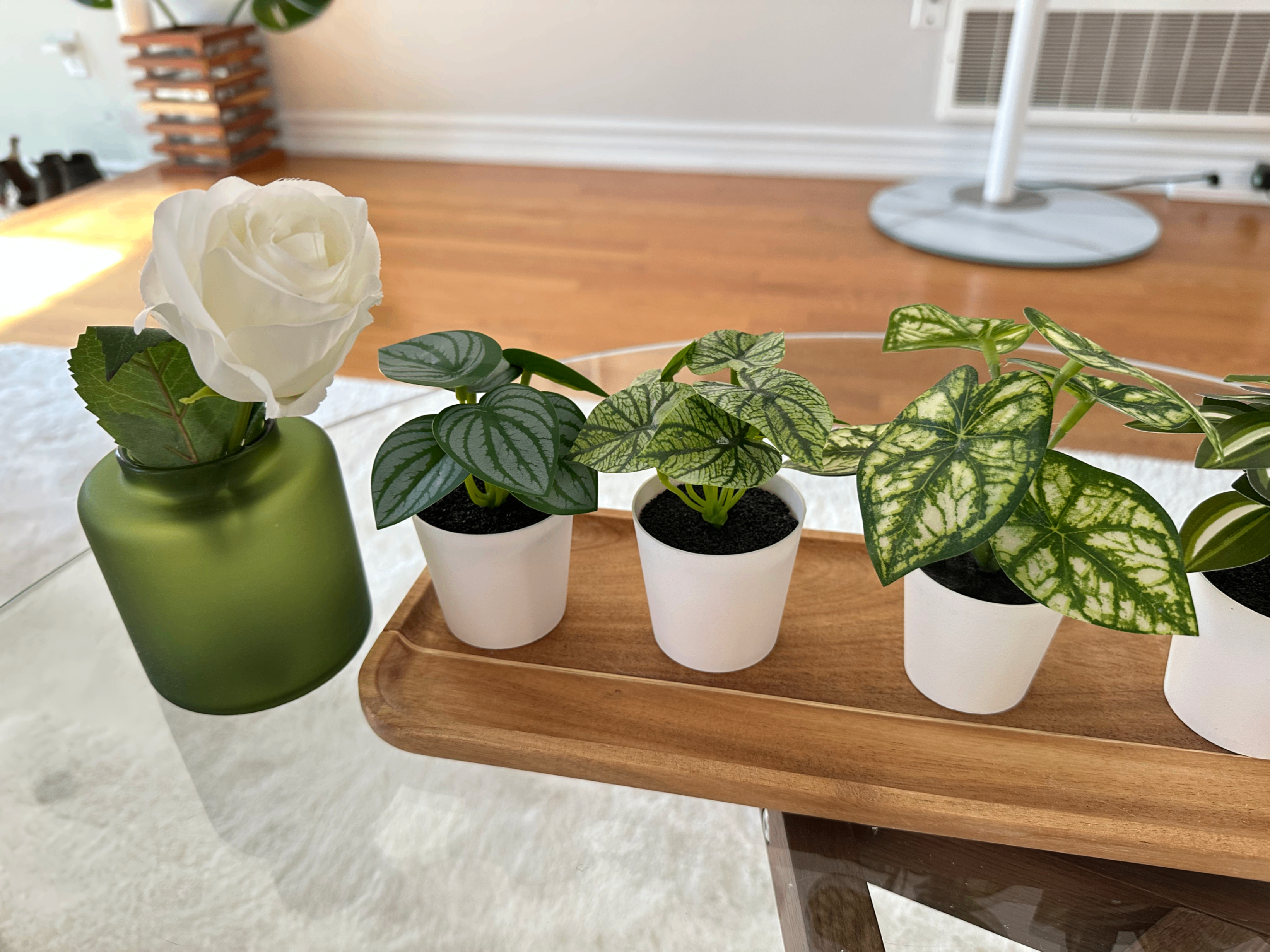 IKEA Home Decor Set: Artificial Plants, Glass Vase & Wooden Tray - photo 3