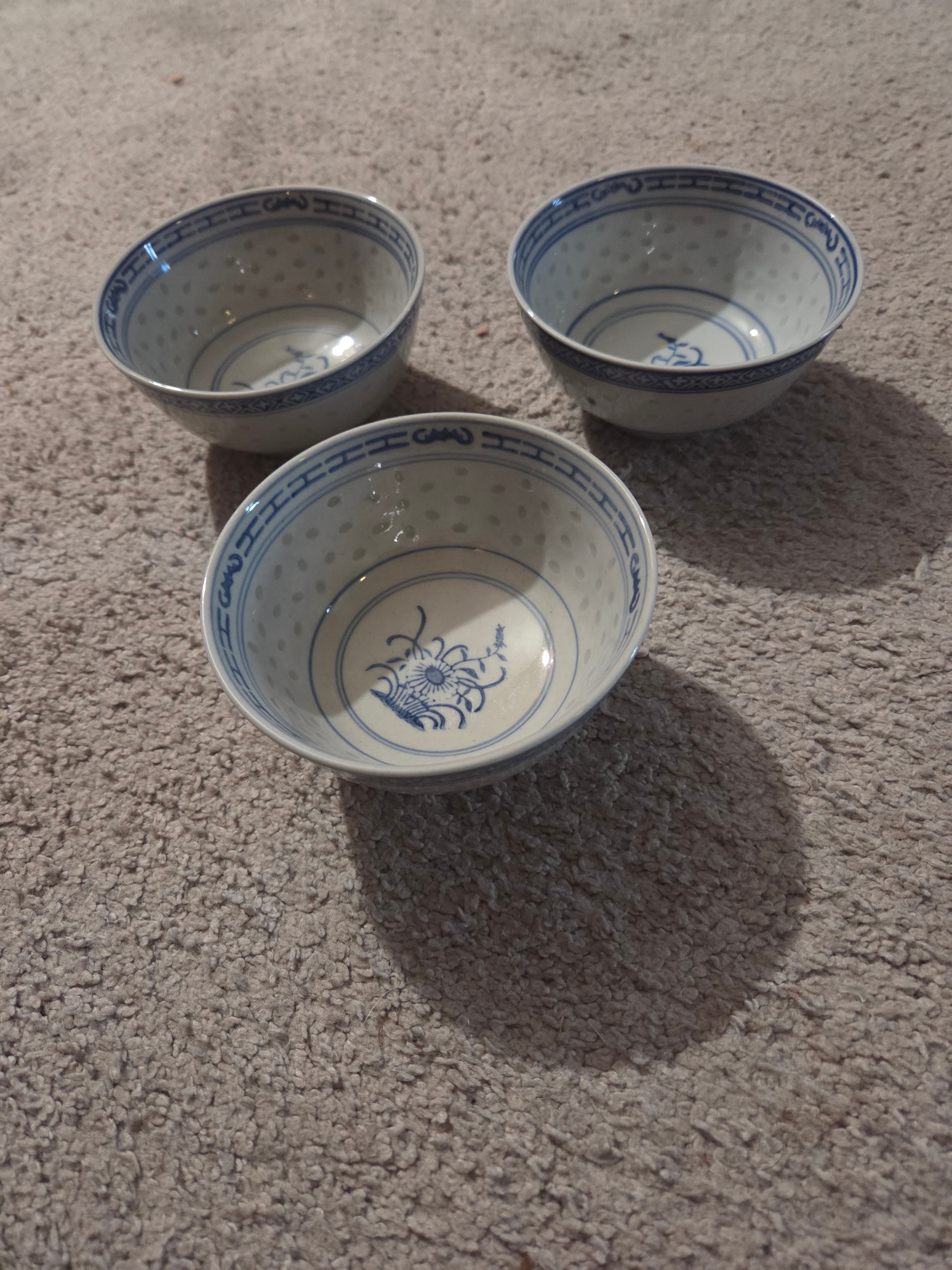 Vintage Chinese Rice Grain Porcelain Bowls, Set of 3, 4.5"