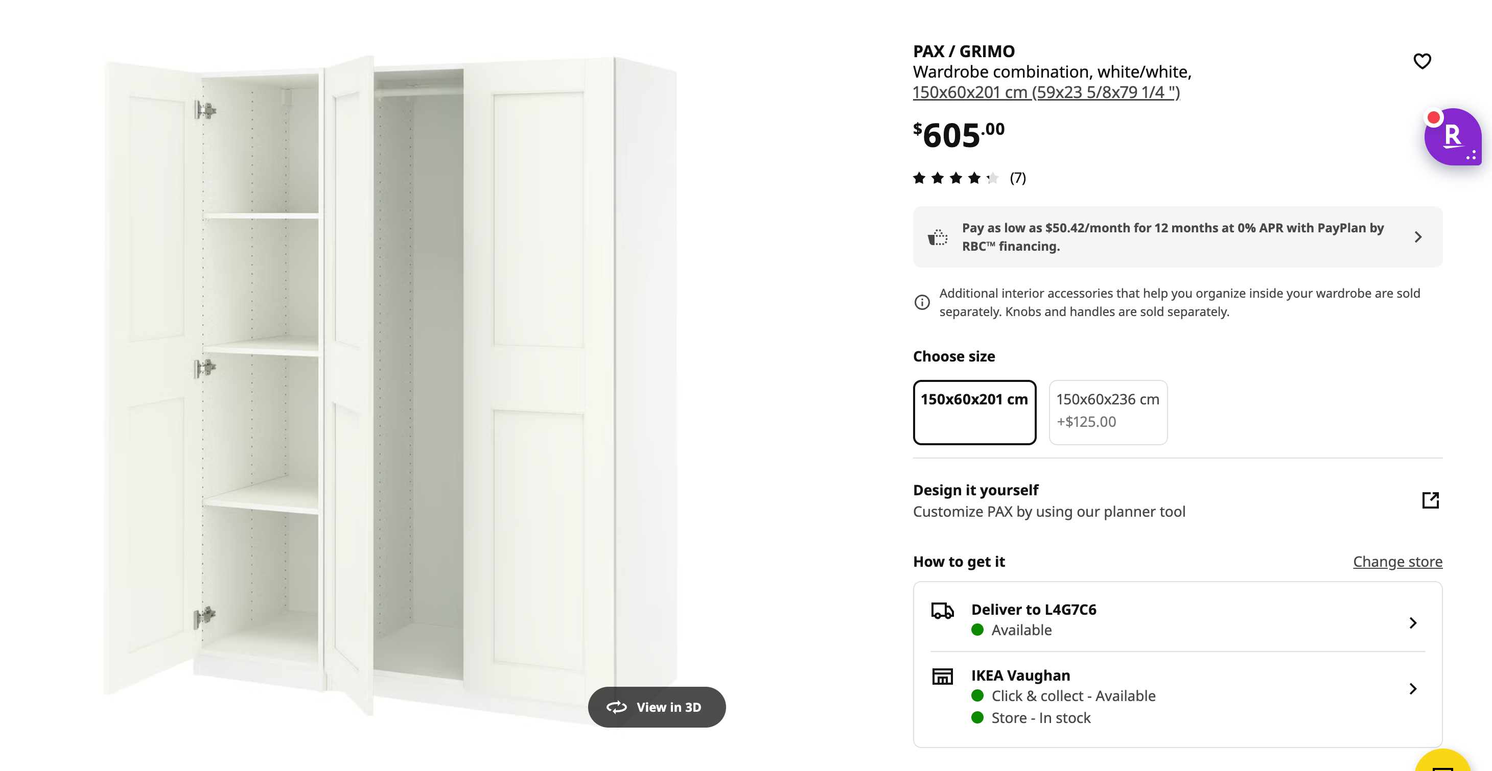 IKEA PAX / GRIMO Wardrobe Combination 150x60x201 cm White