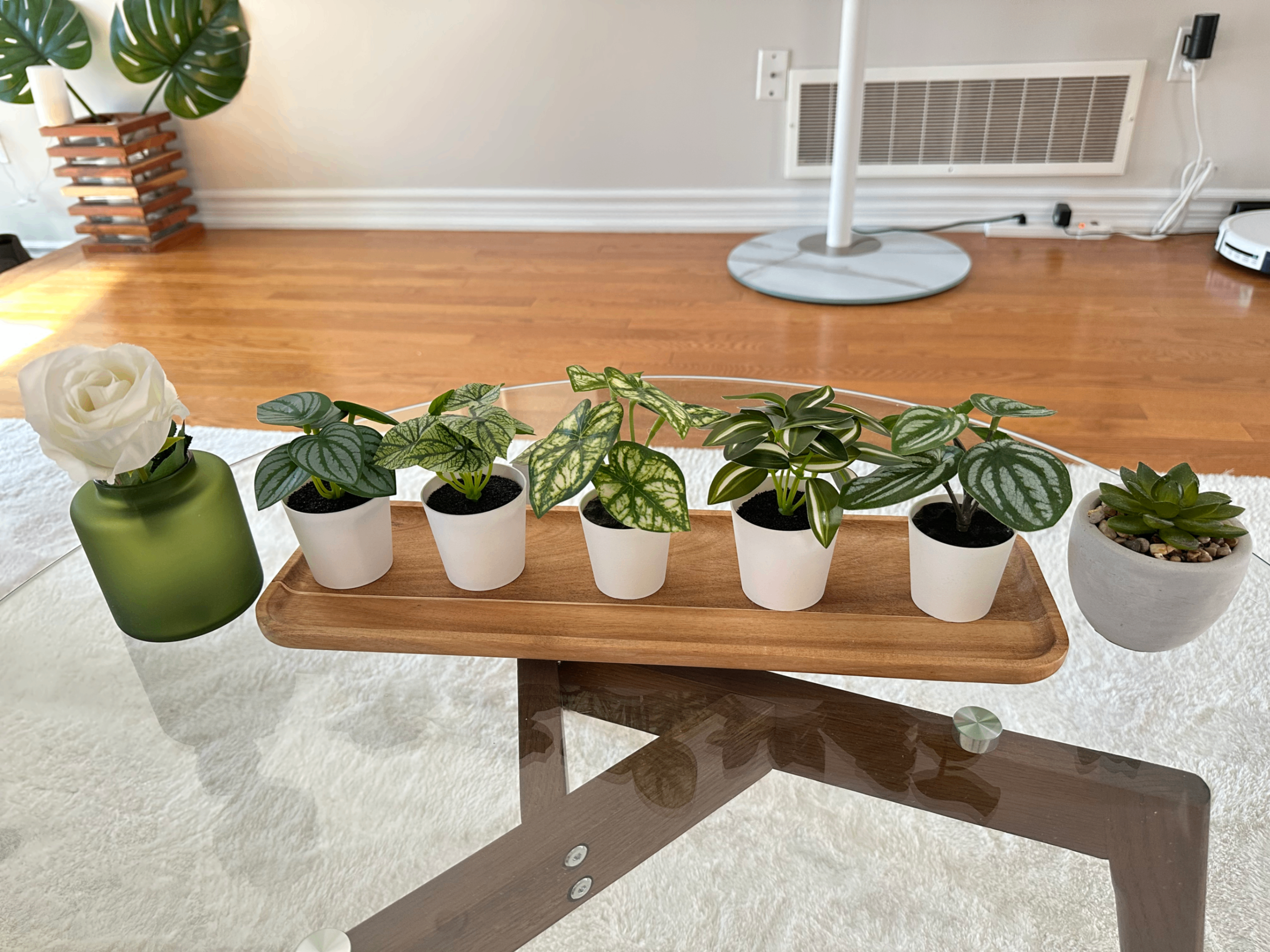 IKEA Home Decor Set: Artificial Plants, Glass Vase & Wooden Tray