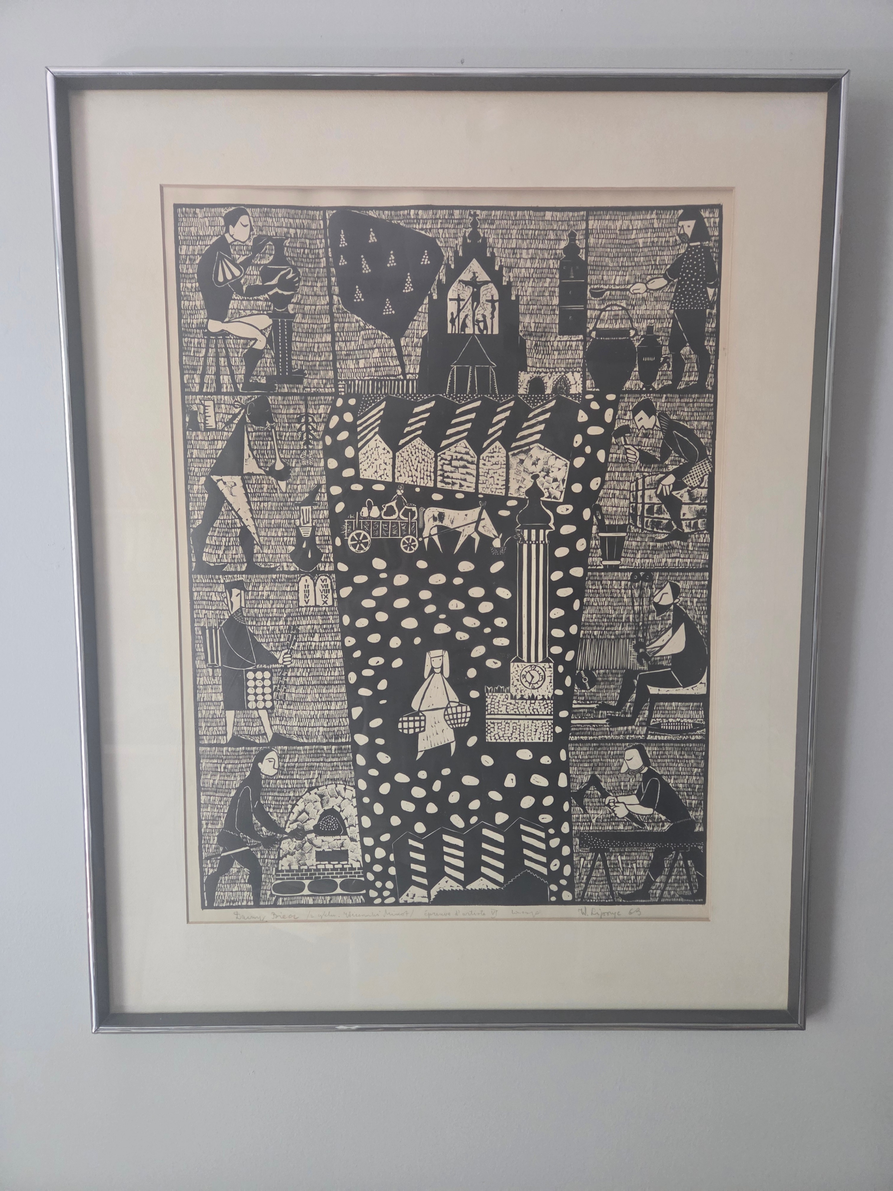 Vintage 1963 Signed W. Liposzyc MCM Woodblock Art Print 31.5x25"
