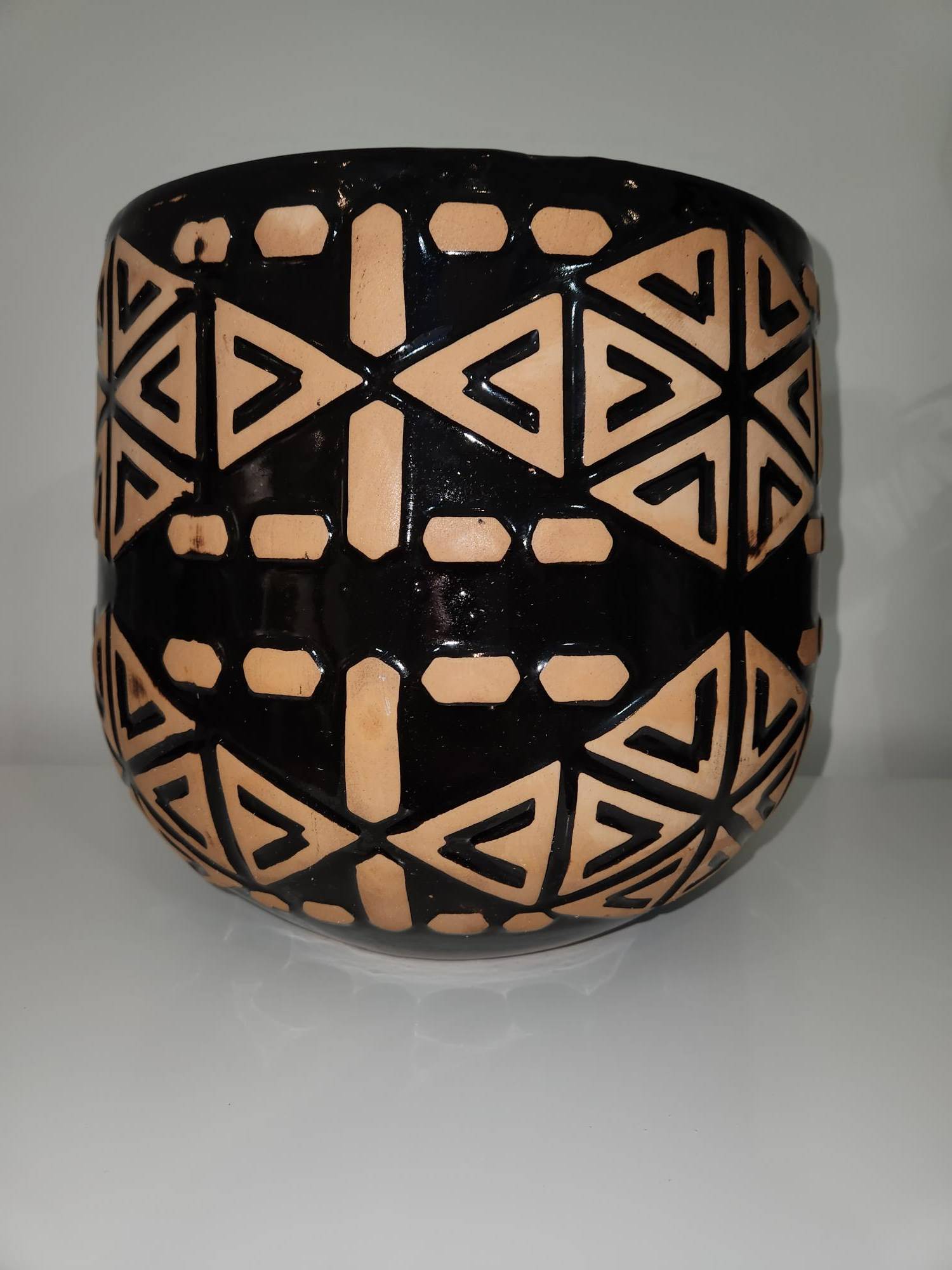 Large Terracotta Planter / Pot, Black Glazed Geometric Pattern - photo 2