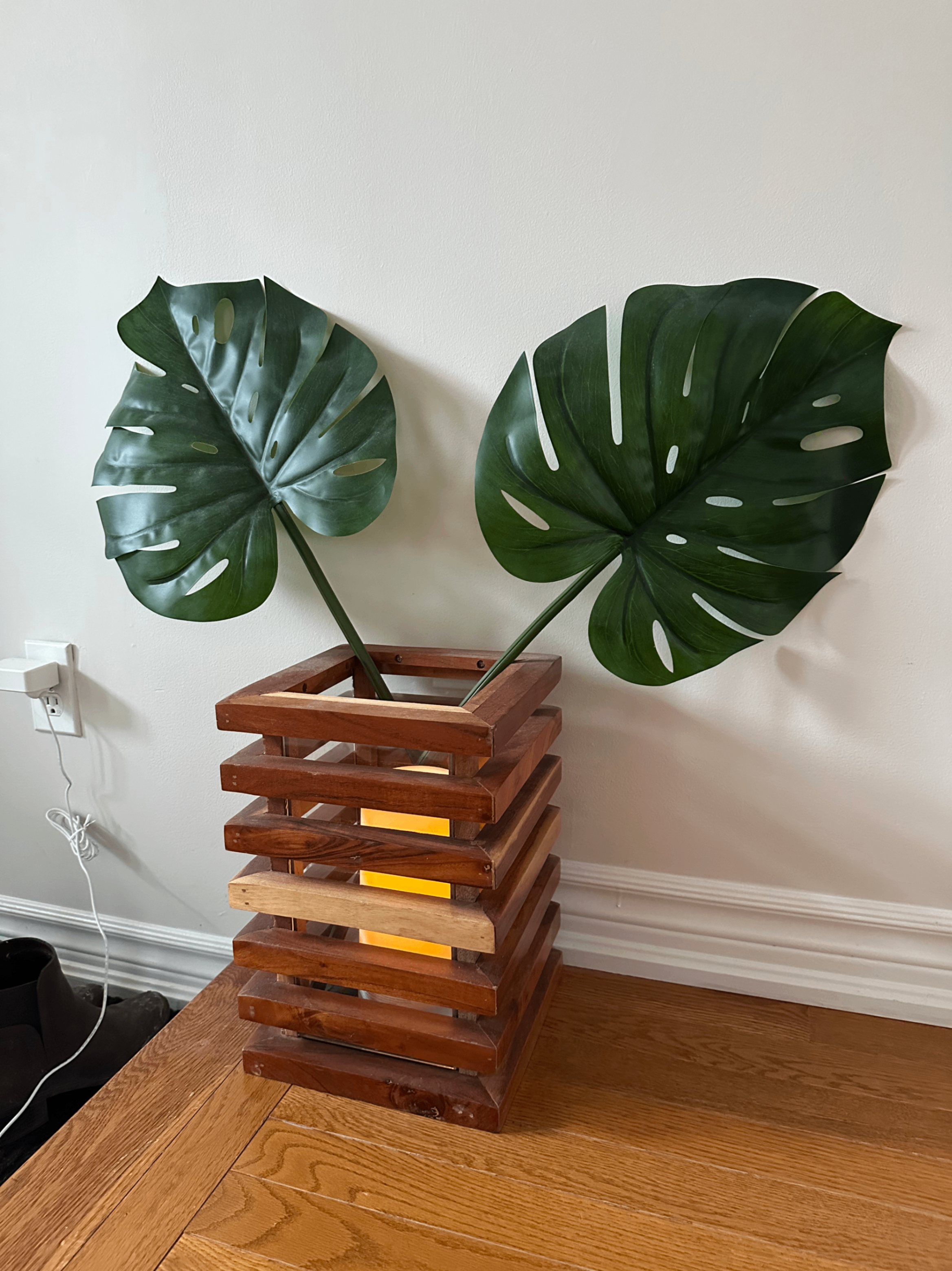 Crate & Barrel flameless candle + wooden holder, IKEA leaves
