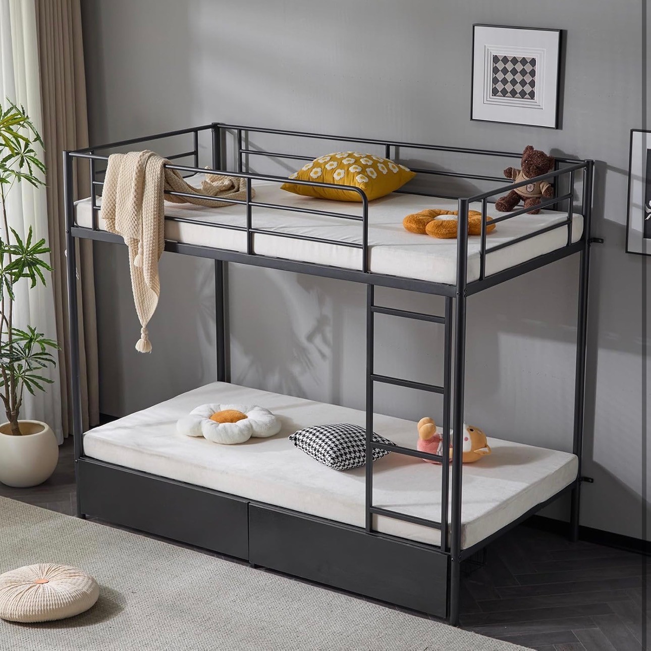 Bunk Bed Twin USB charging 2 Storage Drawers Safety Guardrail
