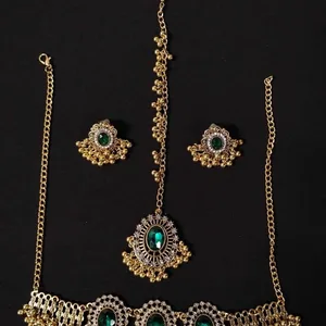 Golden-tone Necklace, Earrings, and Tikka with Green color