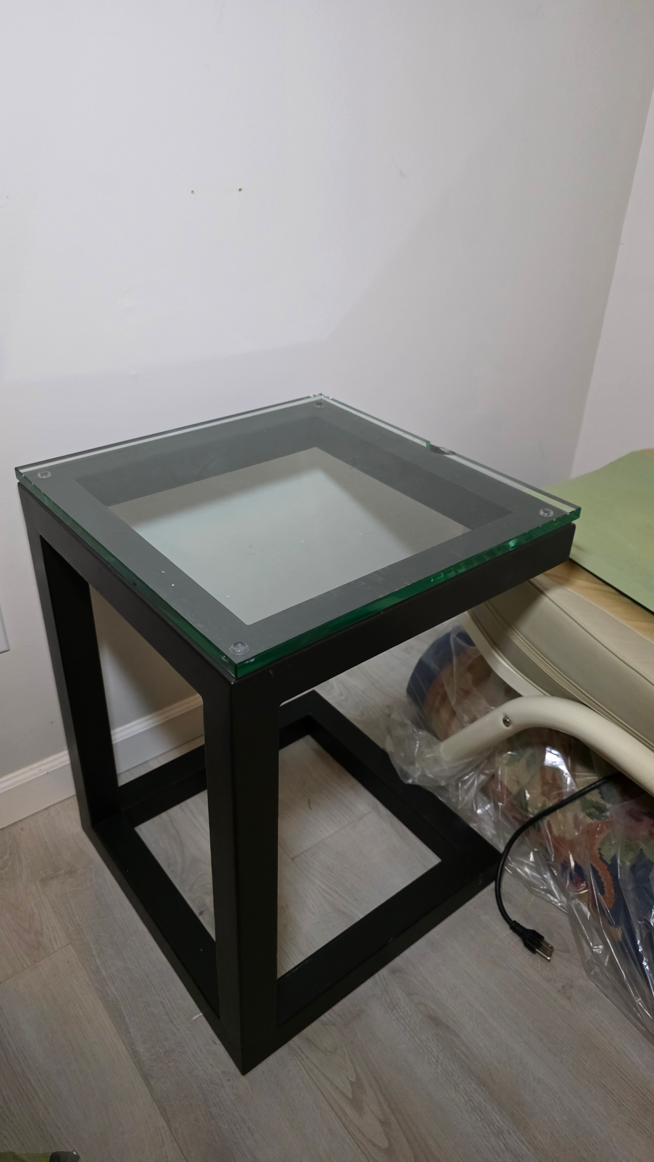 Black Metal and Glass Cube Side Table