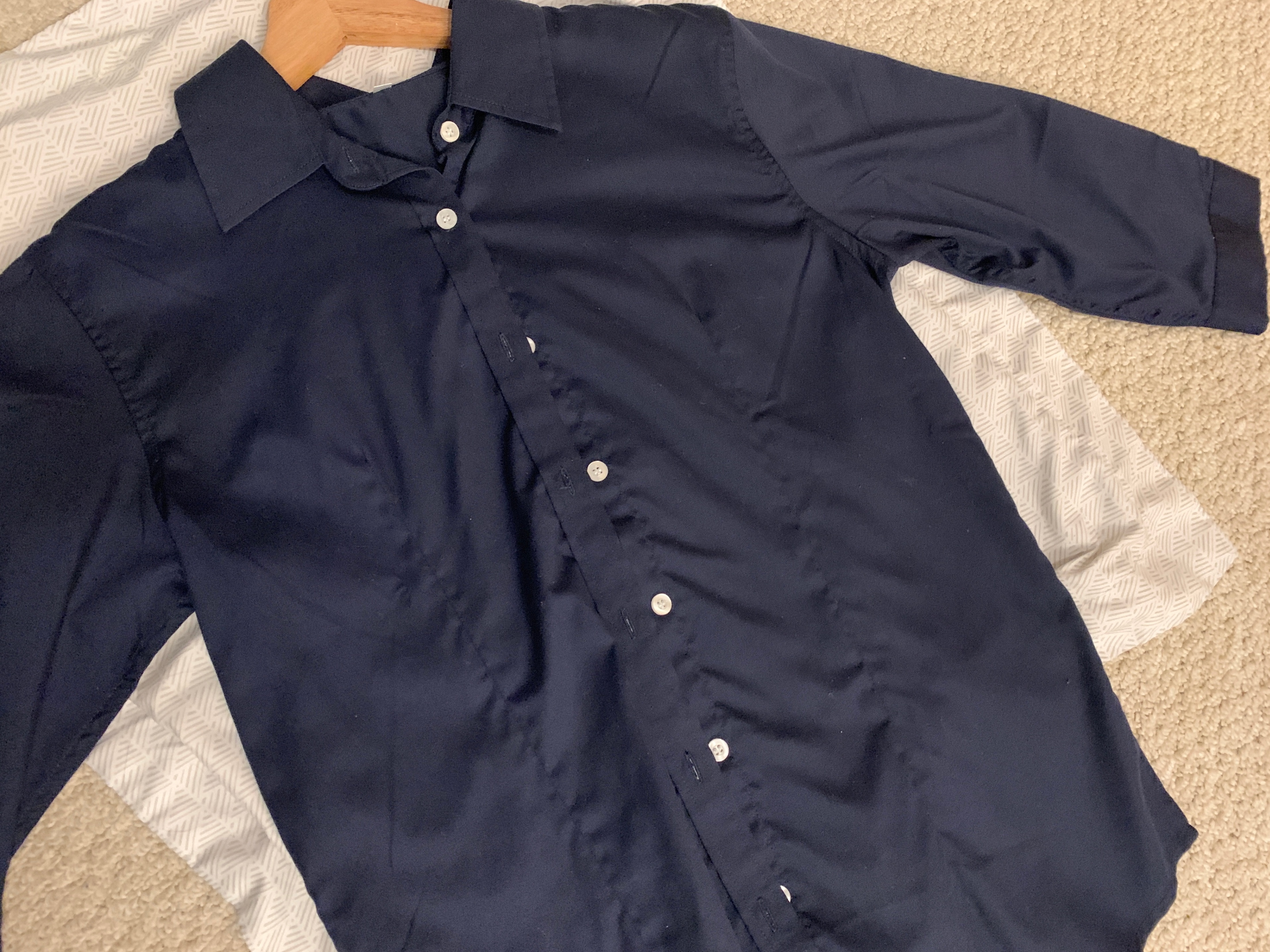 Women's 3/4 Sleeve Navy Blue Formal Wear White Button Down Shirt