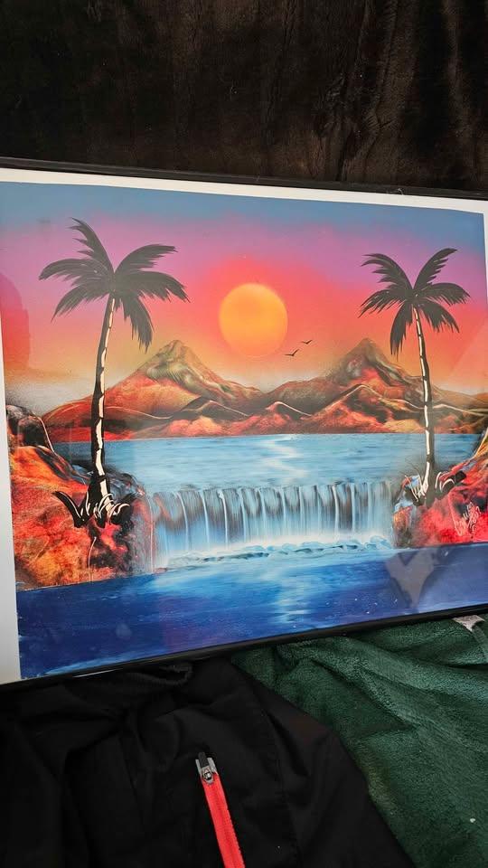 Framed Sunset Waterfall Landscape Spray Paint Art 2002