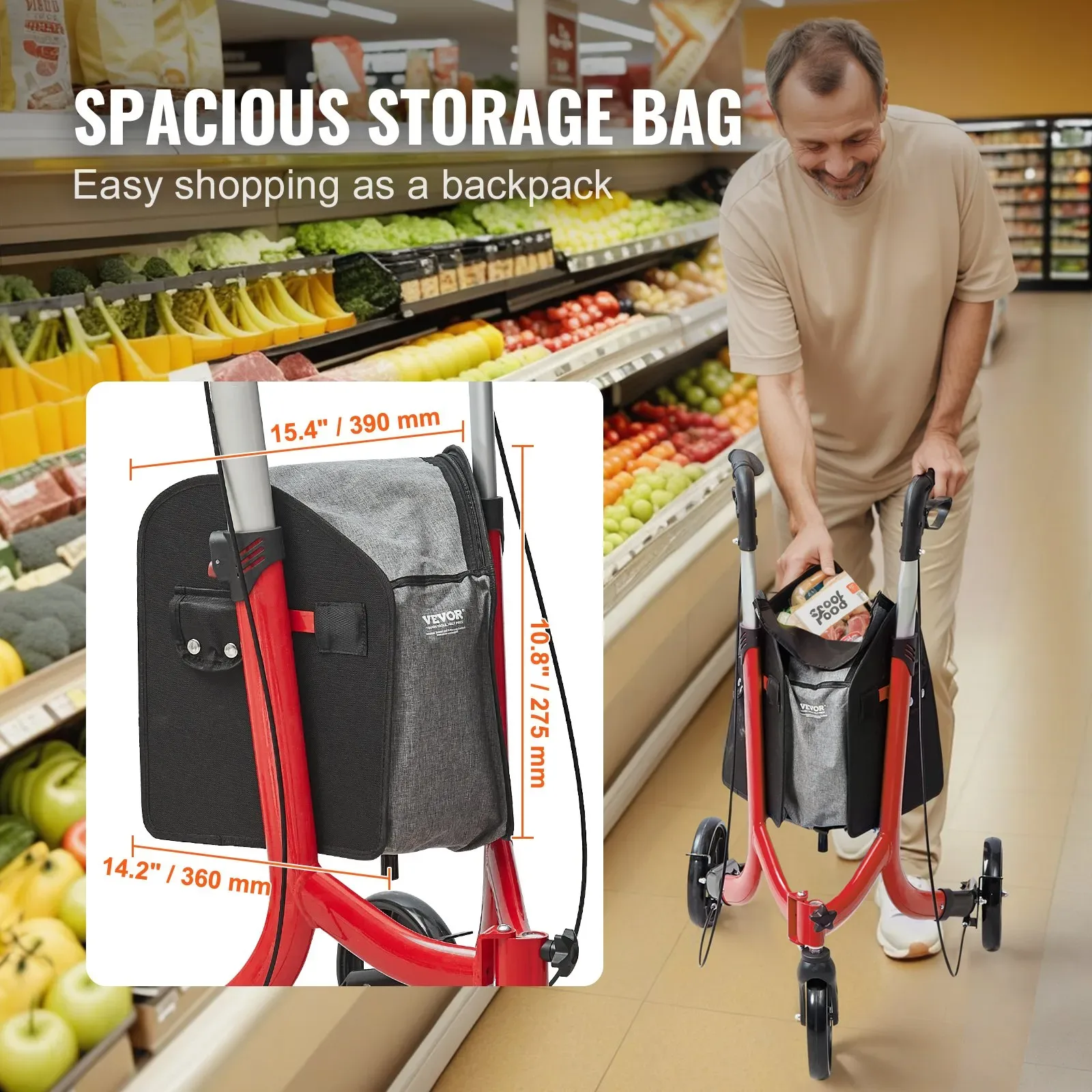 Red VEVOR 3-Wheel Walker with Bag - photo 4