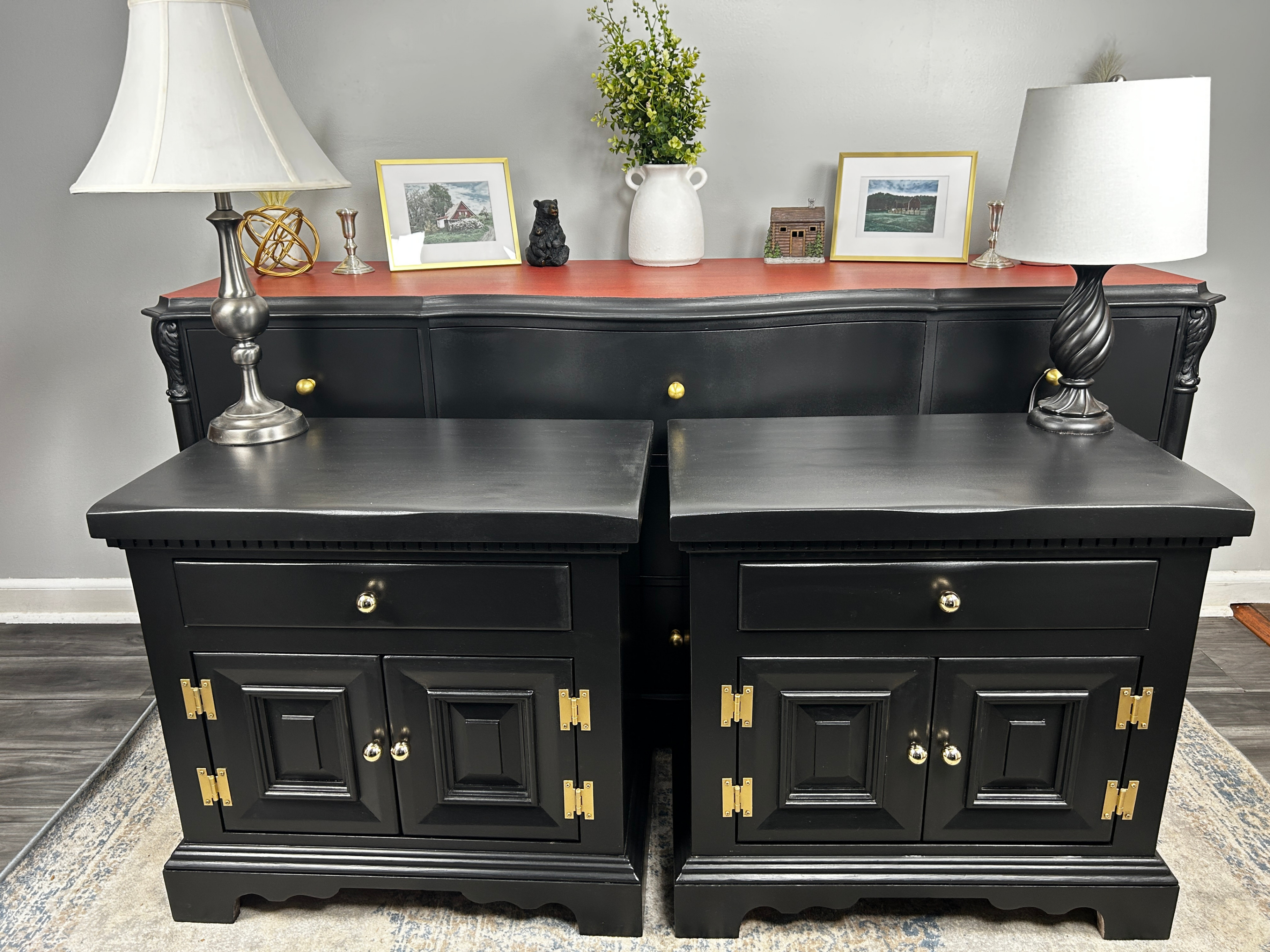 Black Bowfront Set Dresser & Nightstands, Gold/Brass , Delivery