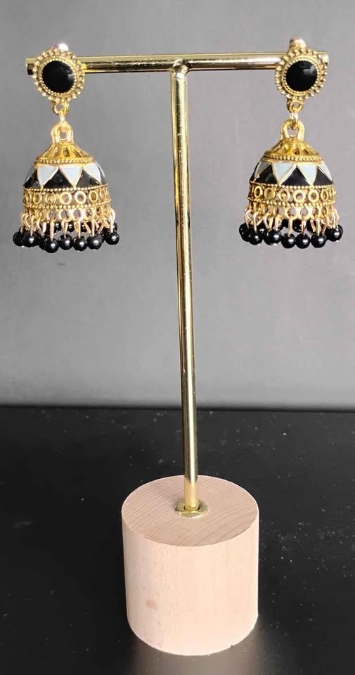 Golden-tone Jhumka Earrings with Black Beads