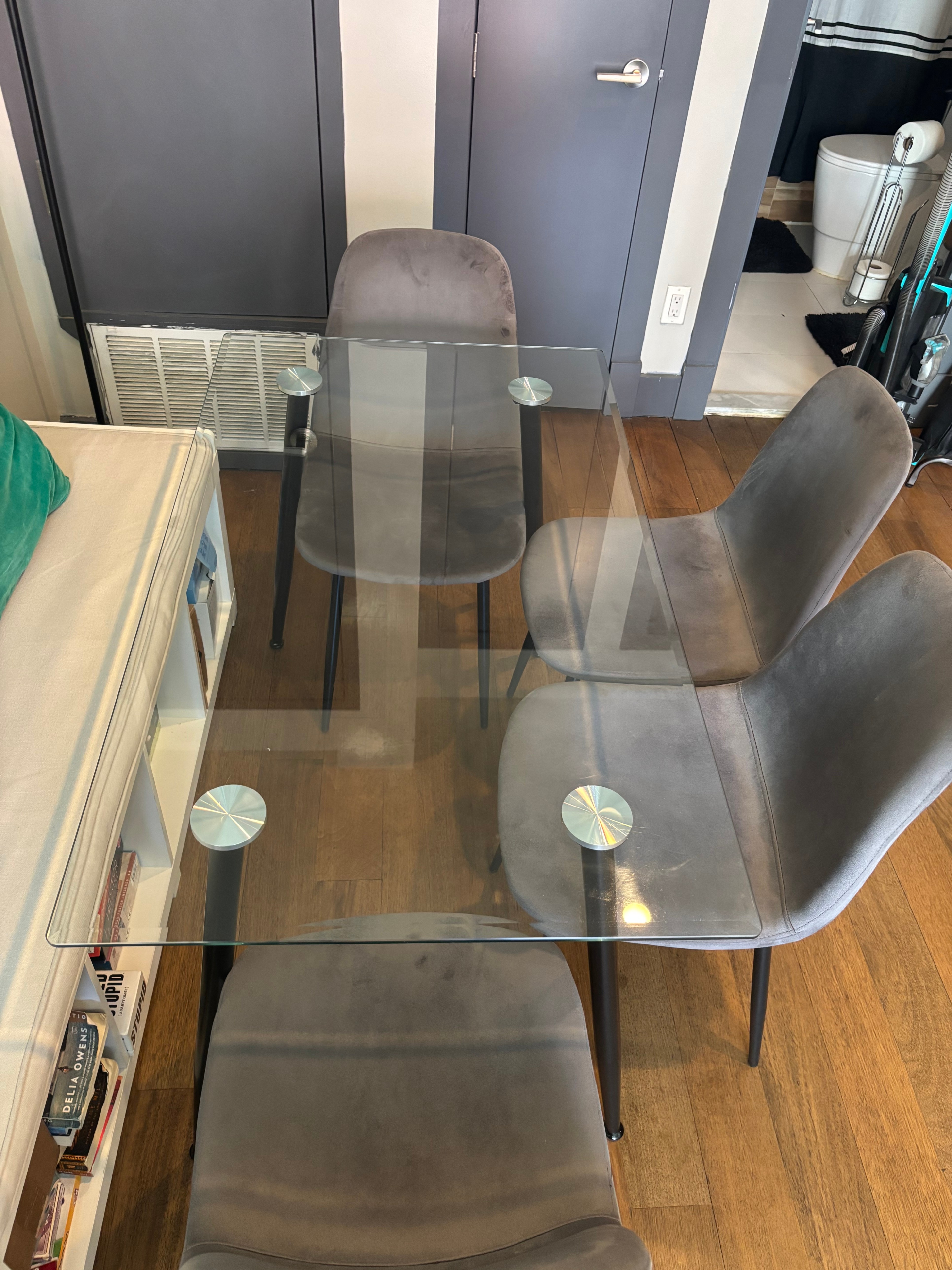 Glass Dining Table with 4 Gray Velvet Chairs - photo 3