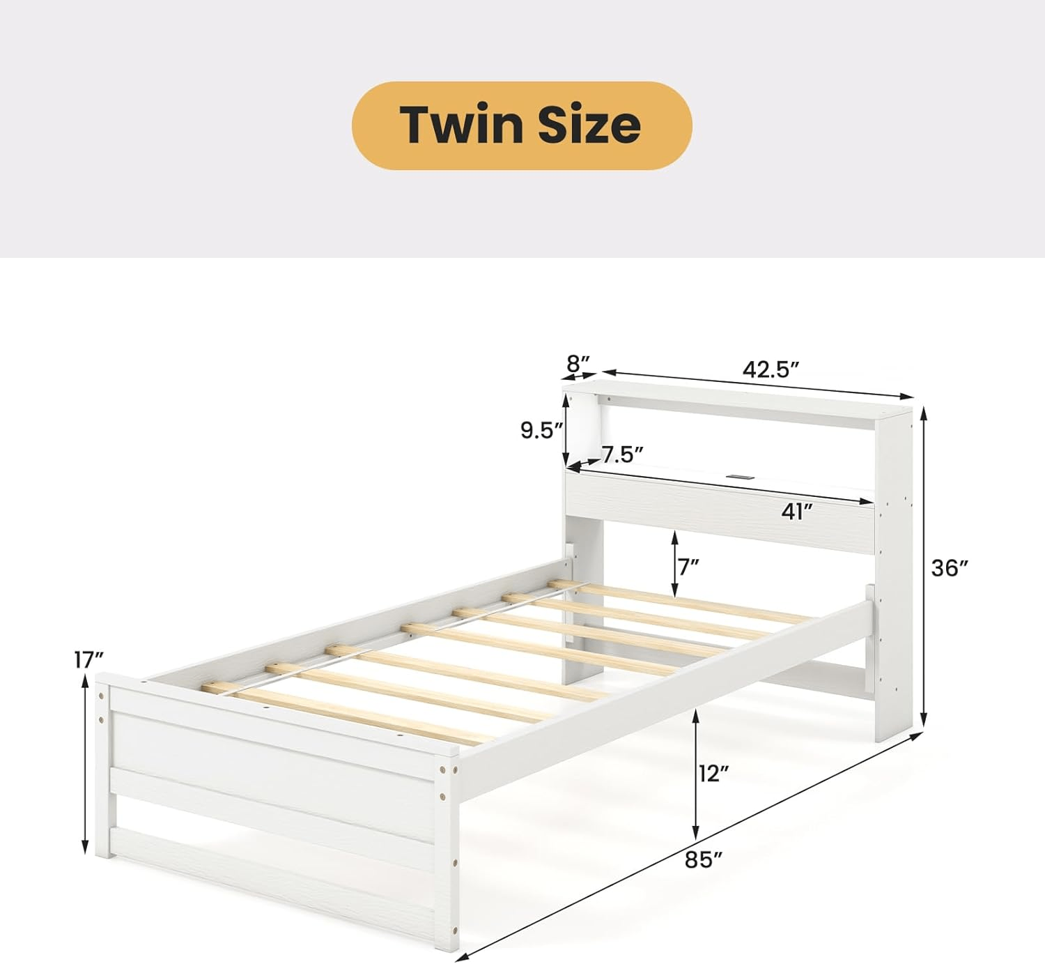 Giantex Twin Bed Frame with Storage Light Charging Station White